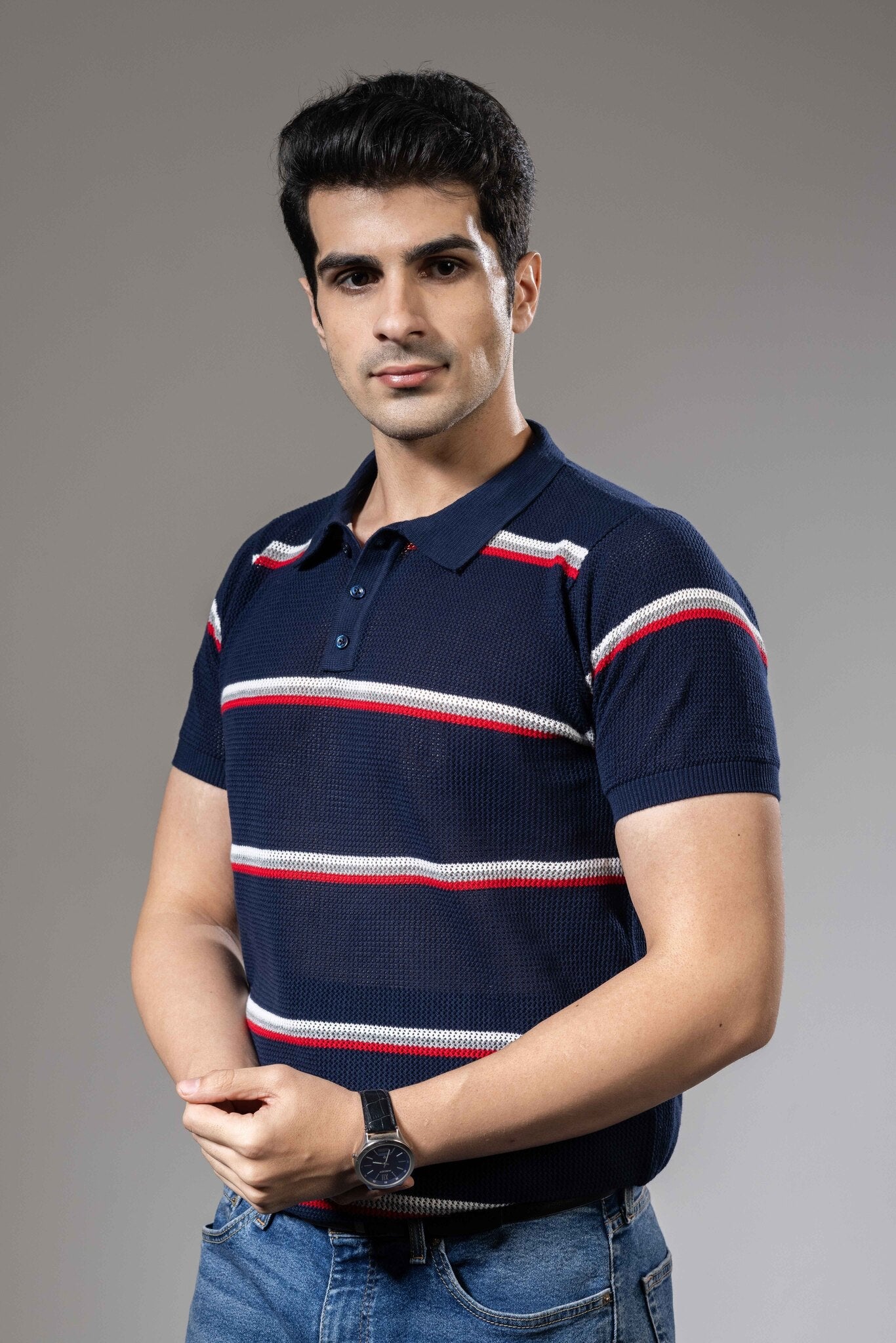 Navy Red Striped Premium Flat Knit Polo T-Shirt