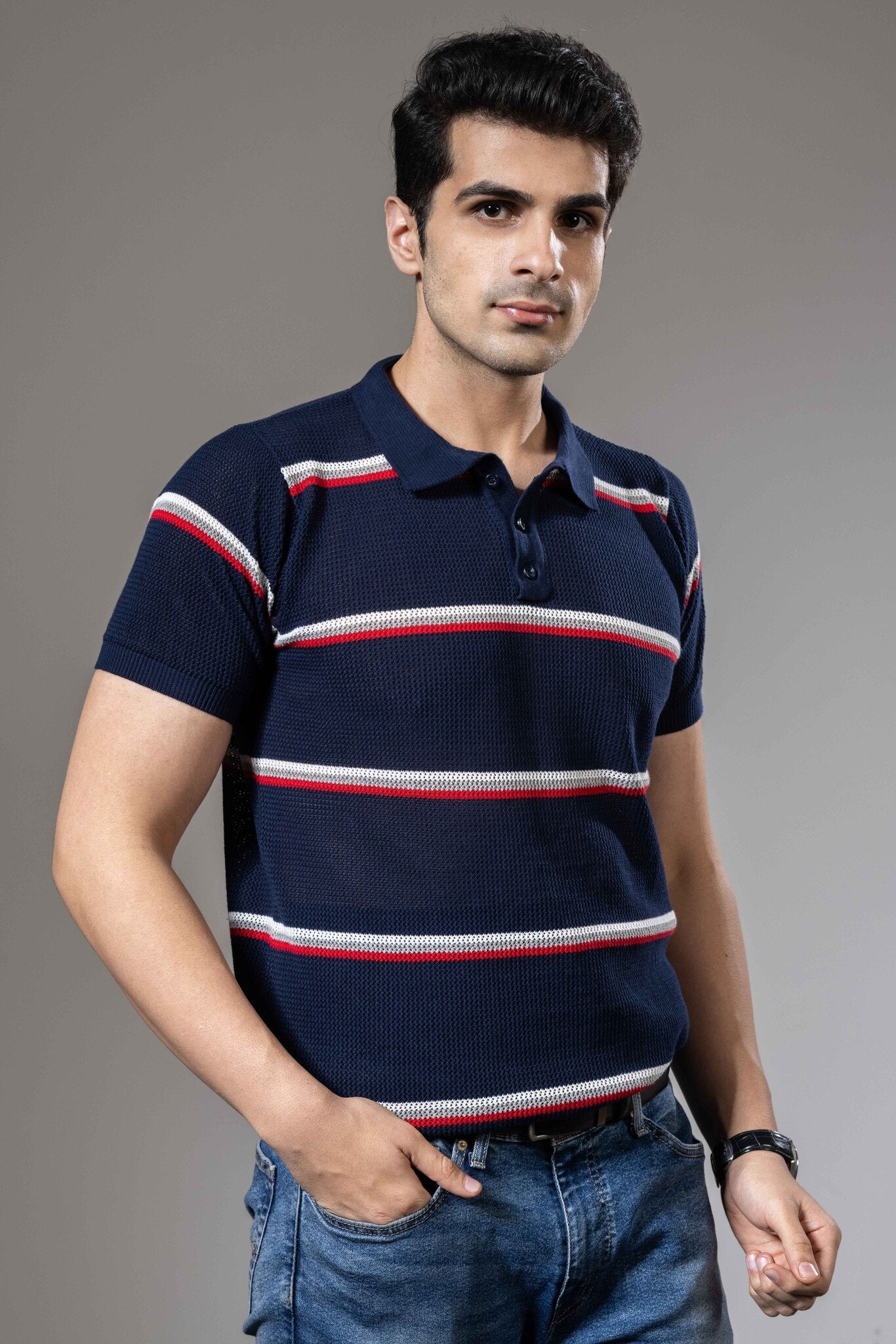 Navy Red Striped Premium Flat Knit Polo T-Shirt
