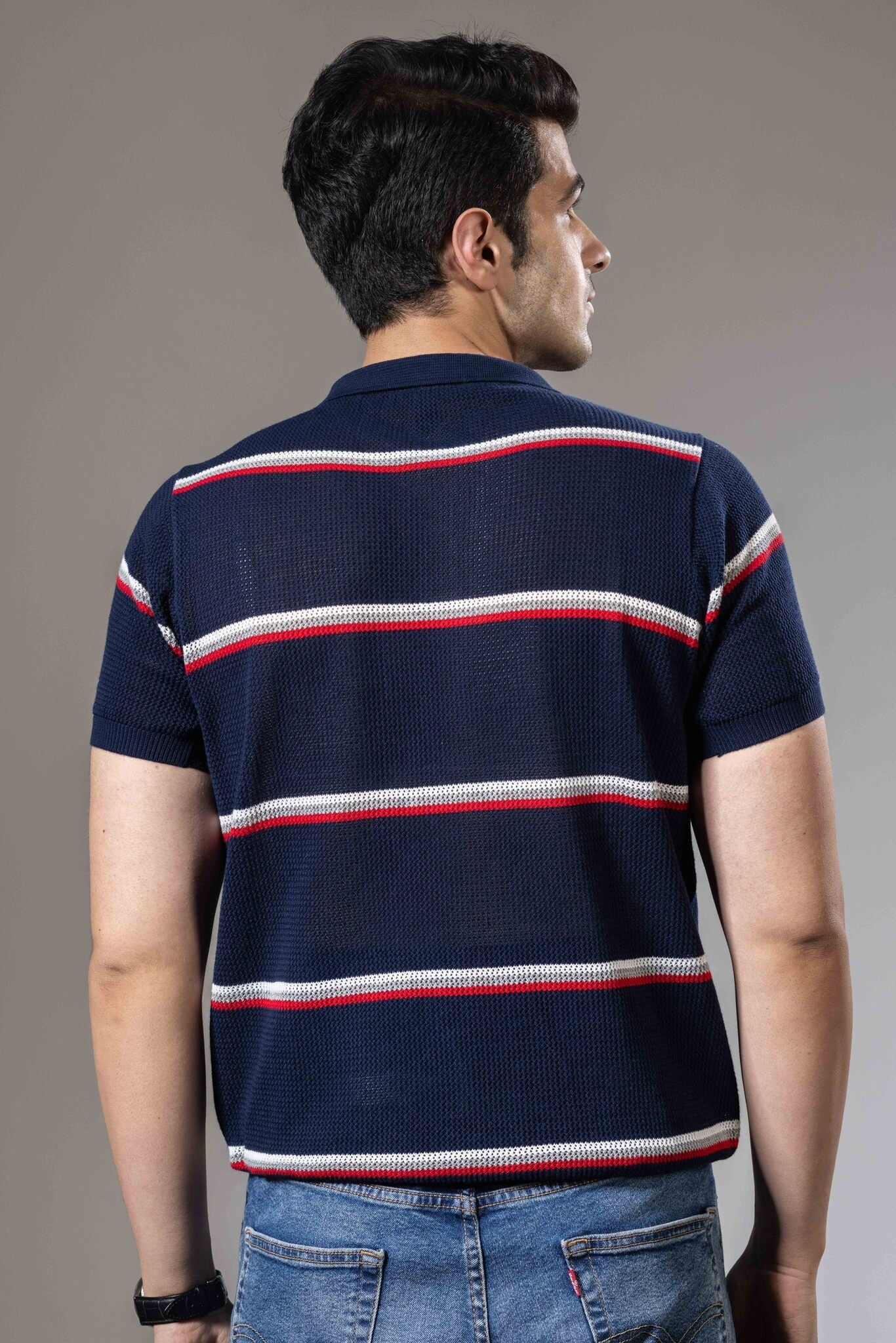 Navy Red Striped Premium Flat Knit Polo T-Shirt