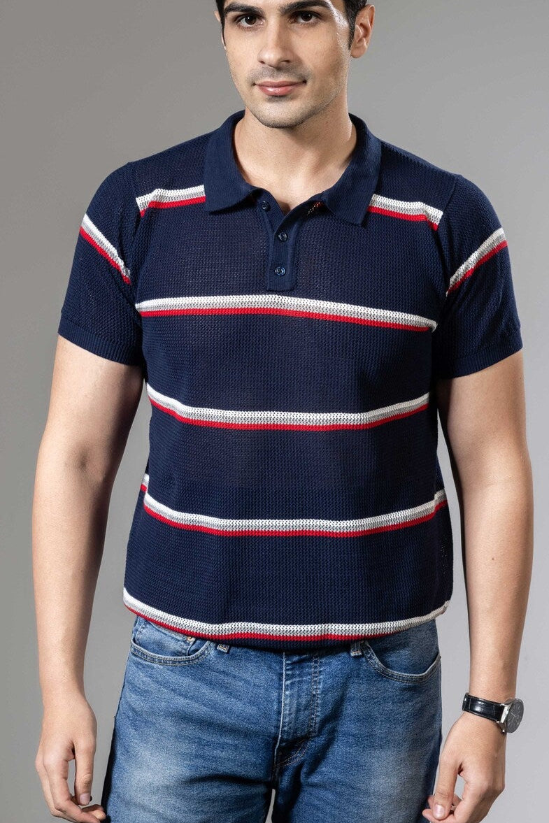Navy Red Striped Premium Flat Knit Polo T-Shirt