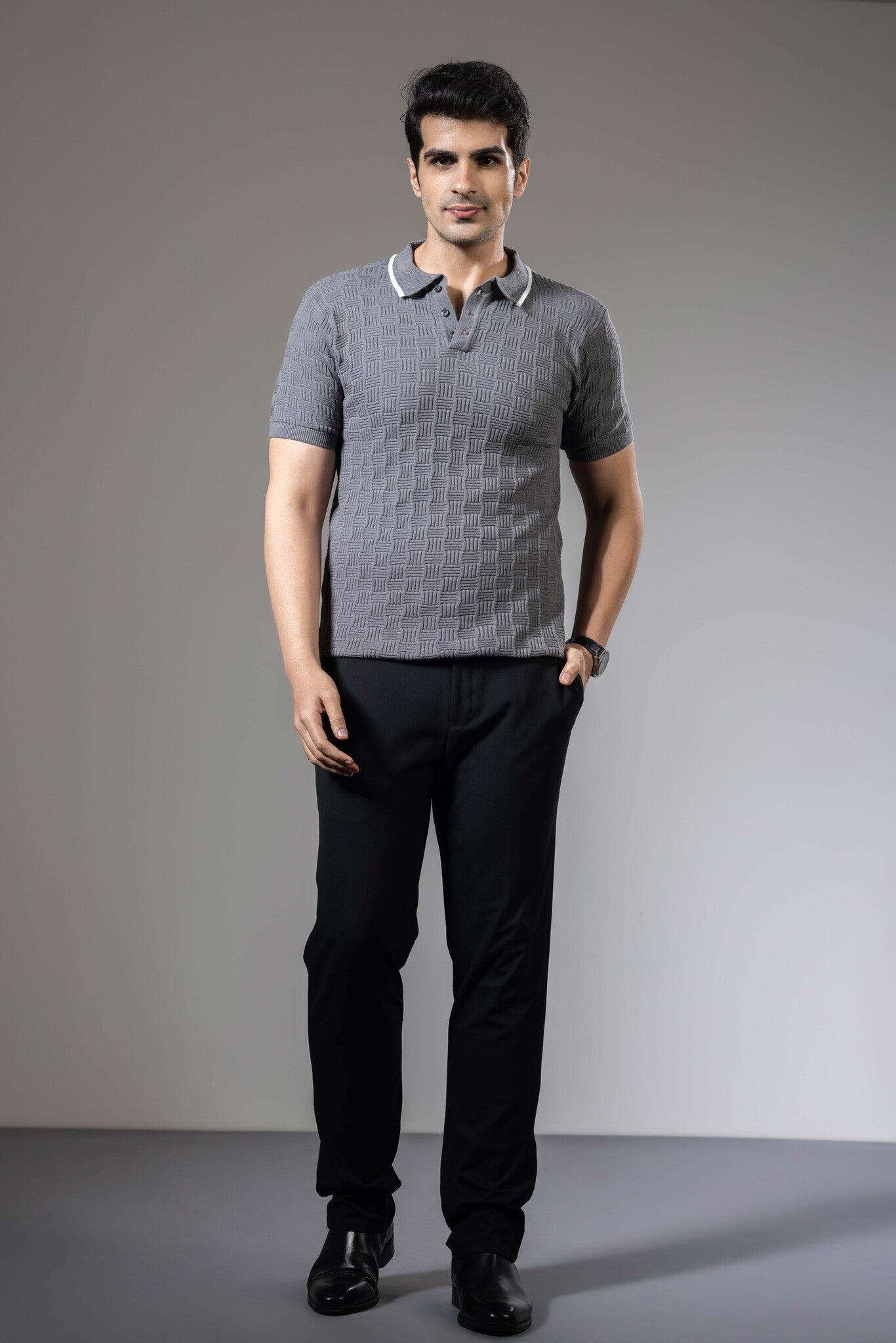 Embedded Textured Premium Flat Knit Polo T-Shirt