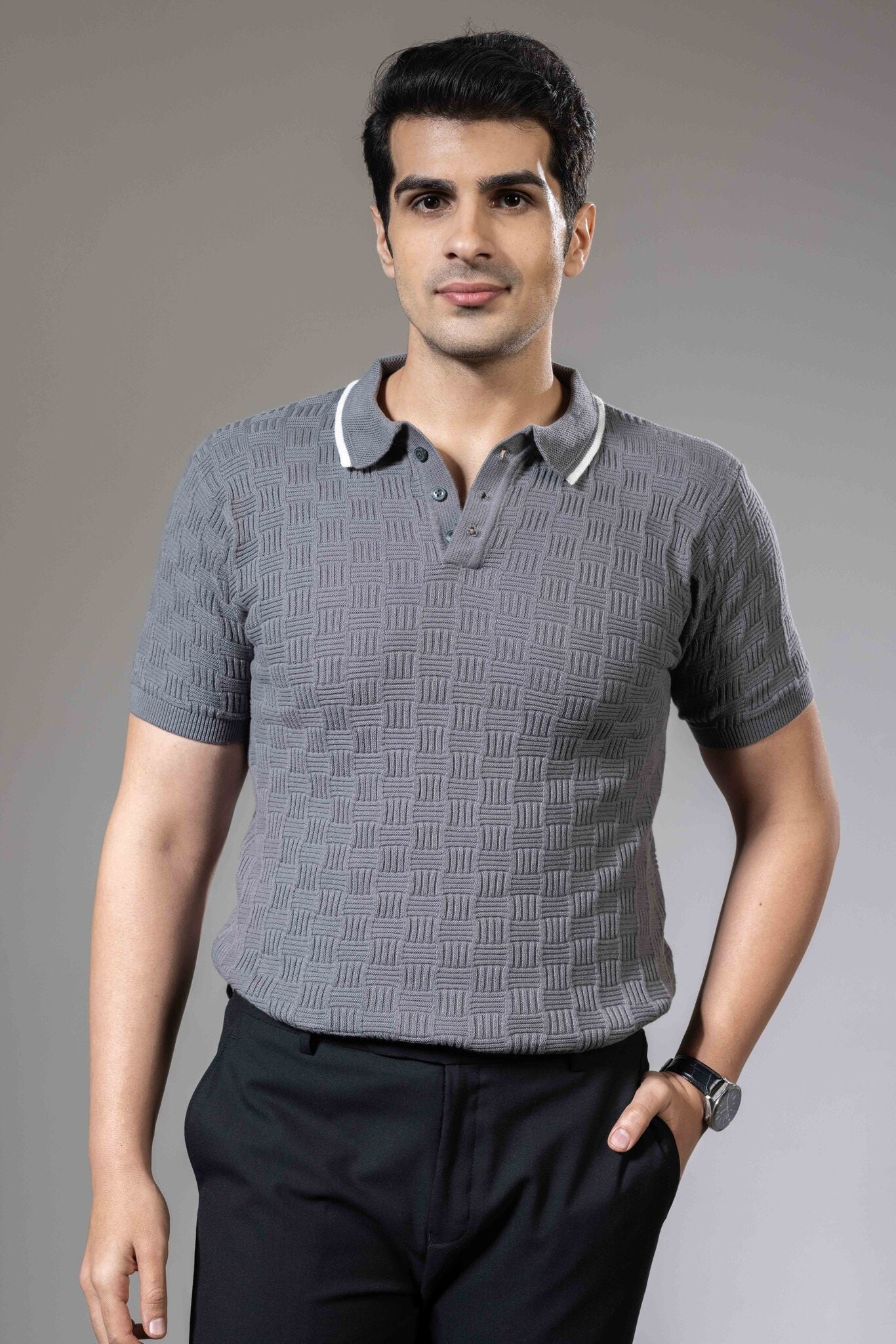 Embedded Textured Premium Flat Knit Polo T-Shirt