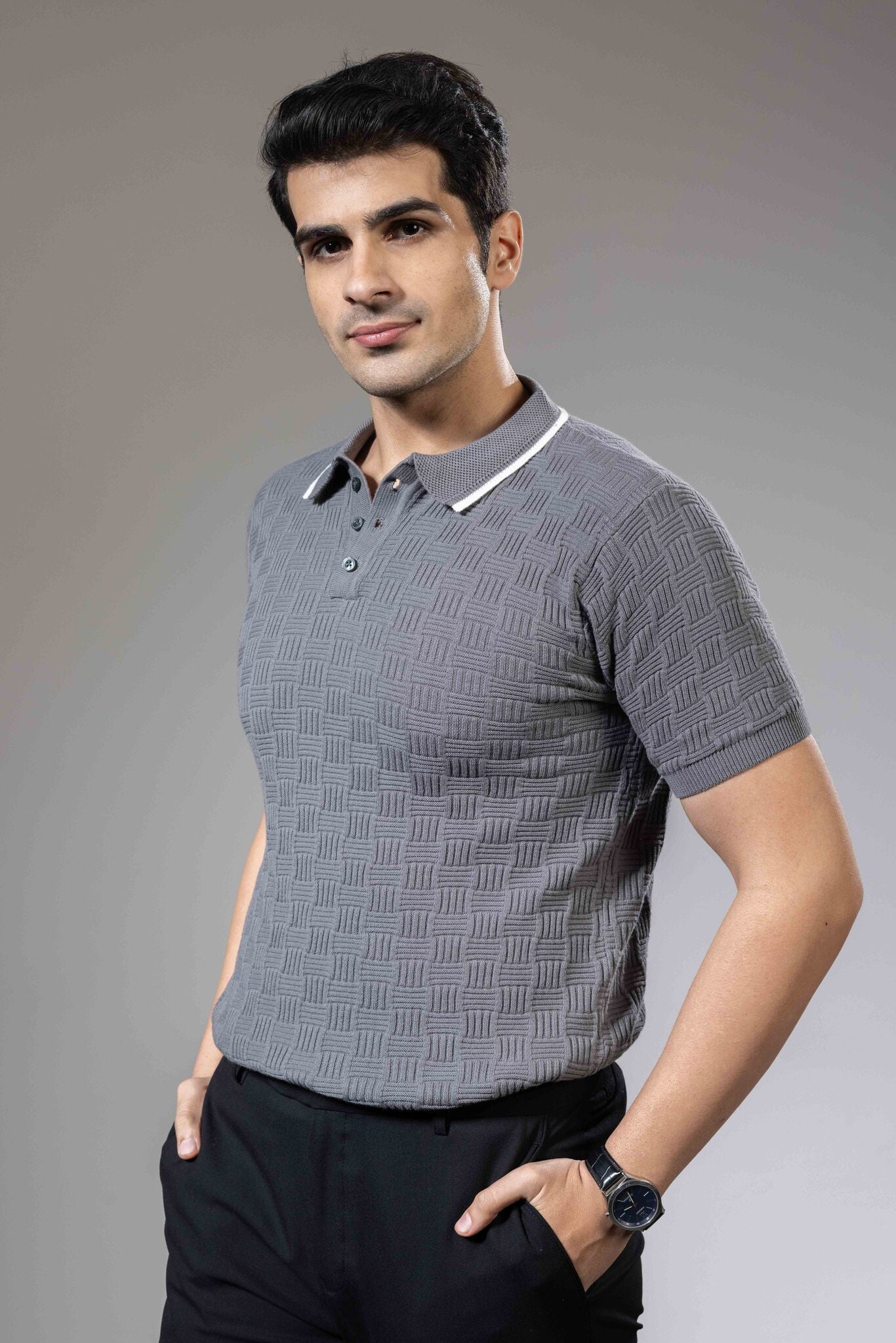 Embedded Textured Premium Flat Knit Polo T-Shirt