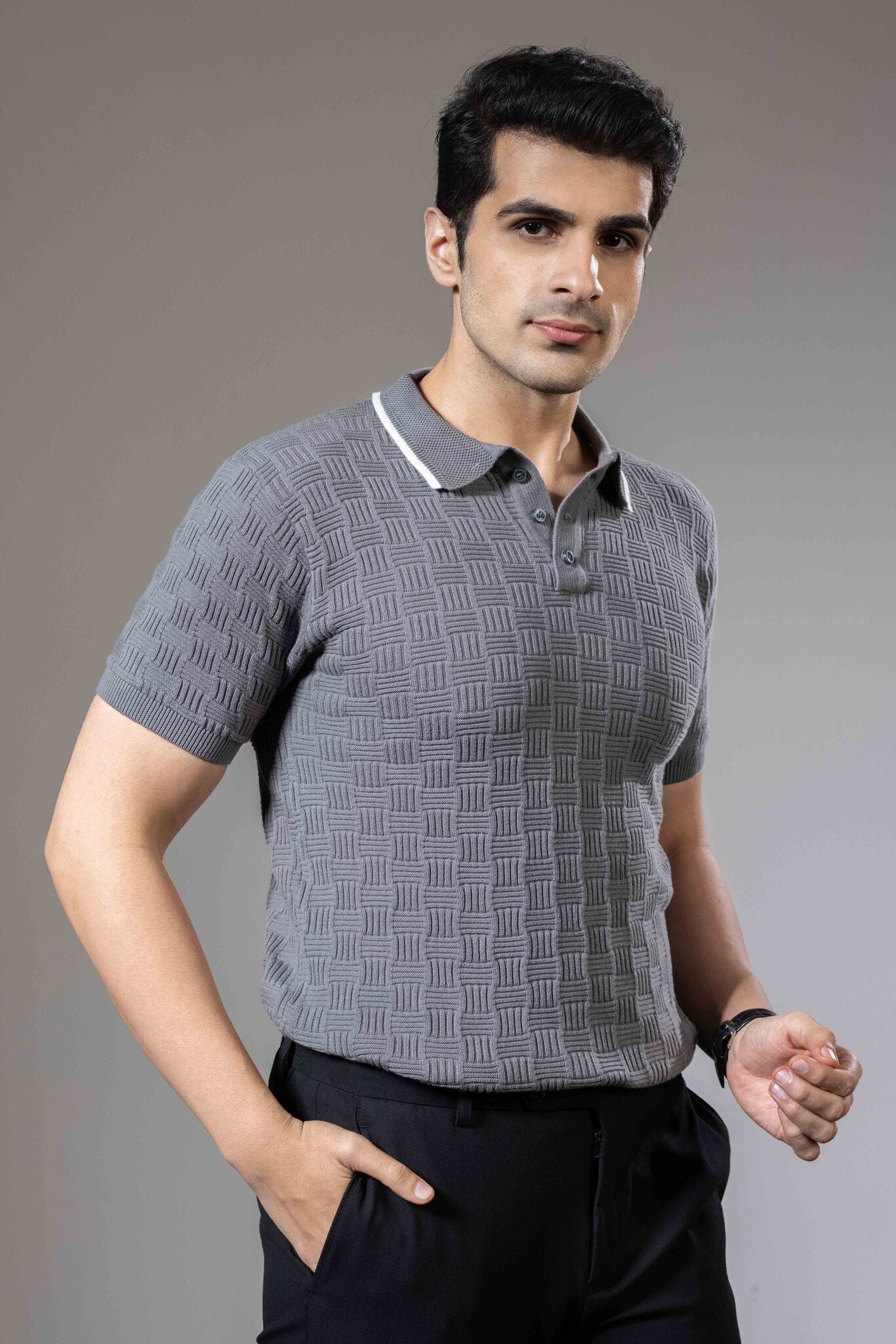 Embedded Textured Premium Flat Knit Polo T-Shirt