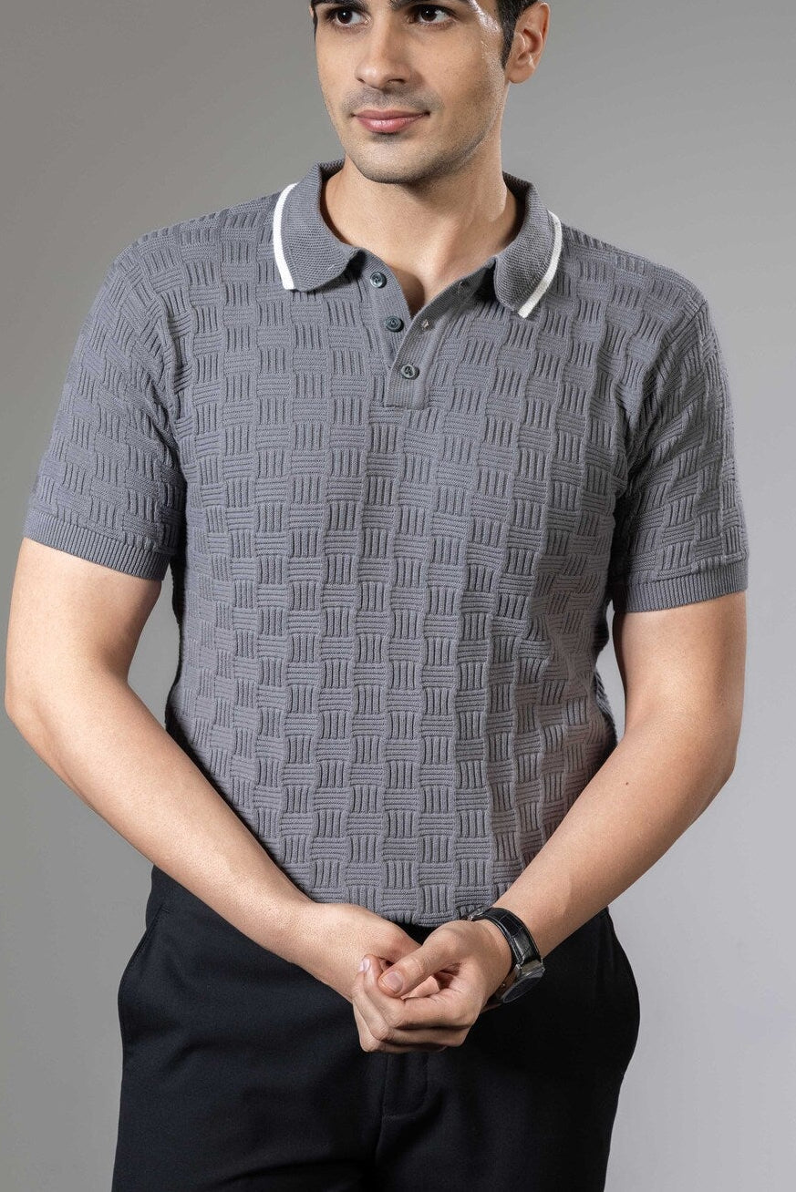 Embedded Textured Premium Flat Knit Polo T-Shirt
