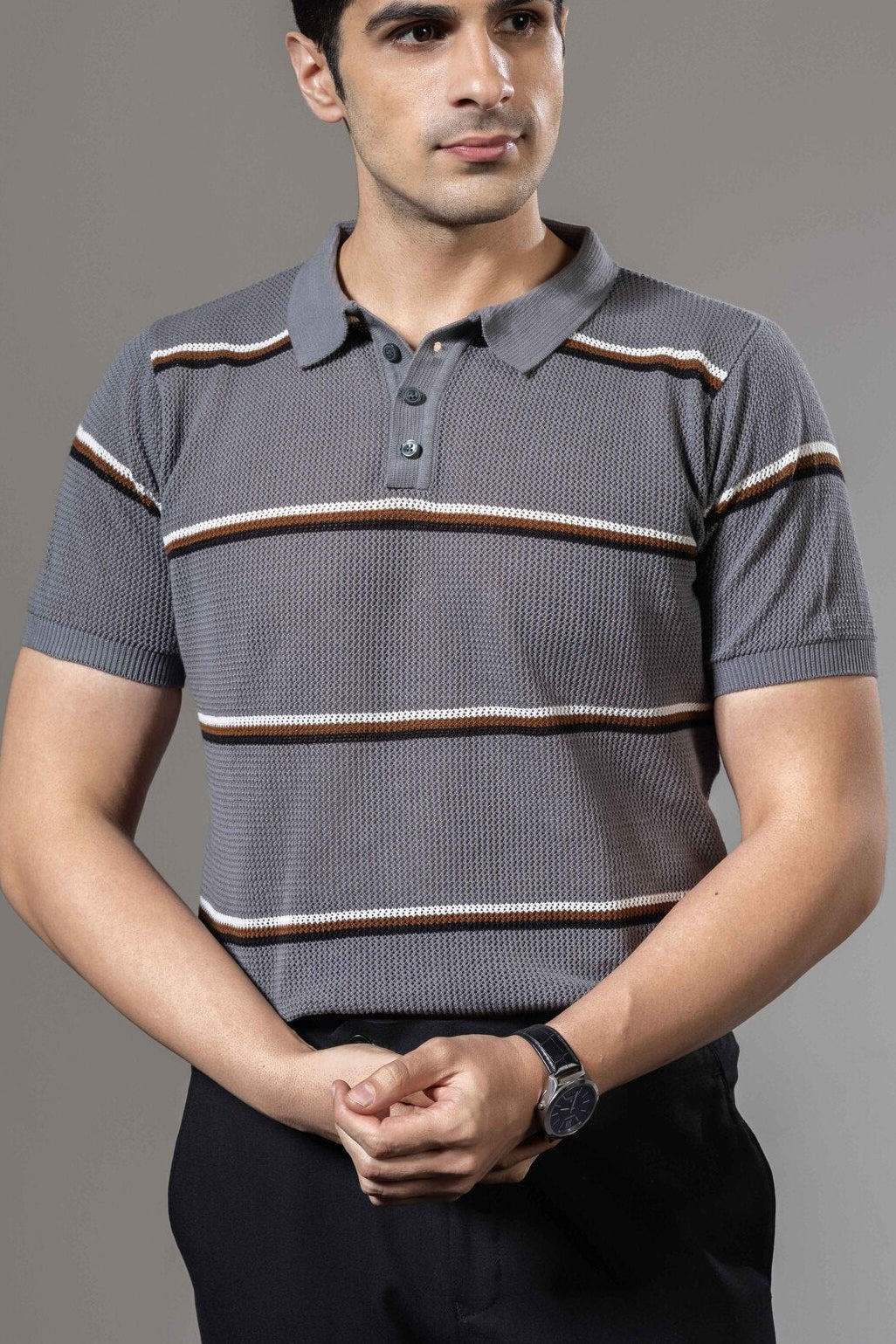 Grey Stripe Flat Knit Premium Polo T-Shirt