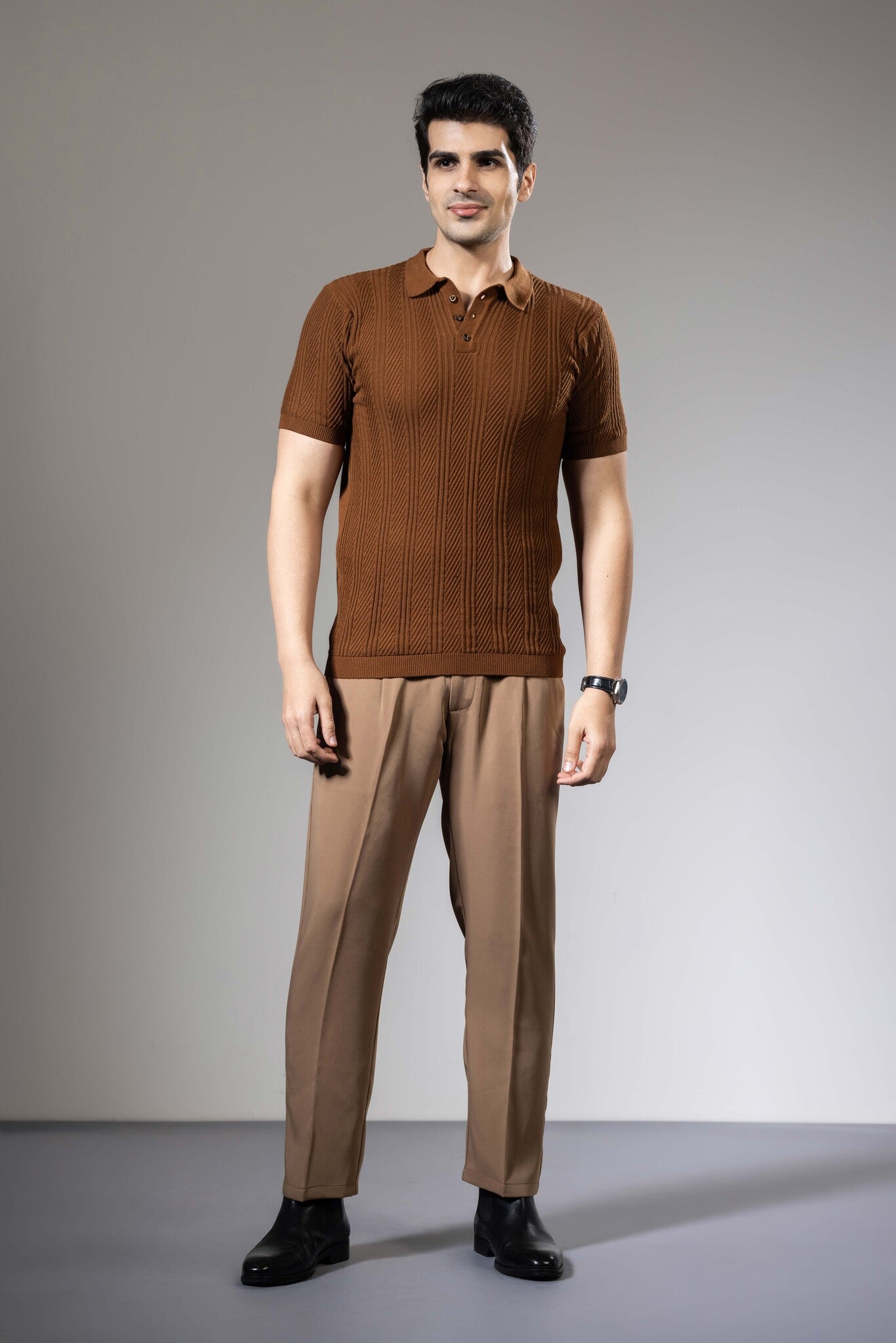 Embedded Textured Brown Premium Flat Knit Polo T-Shirt