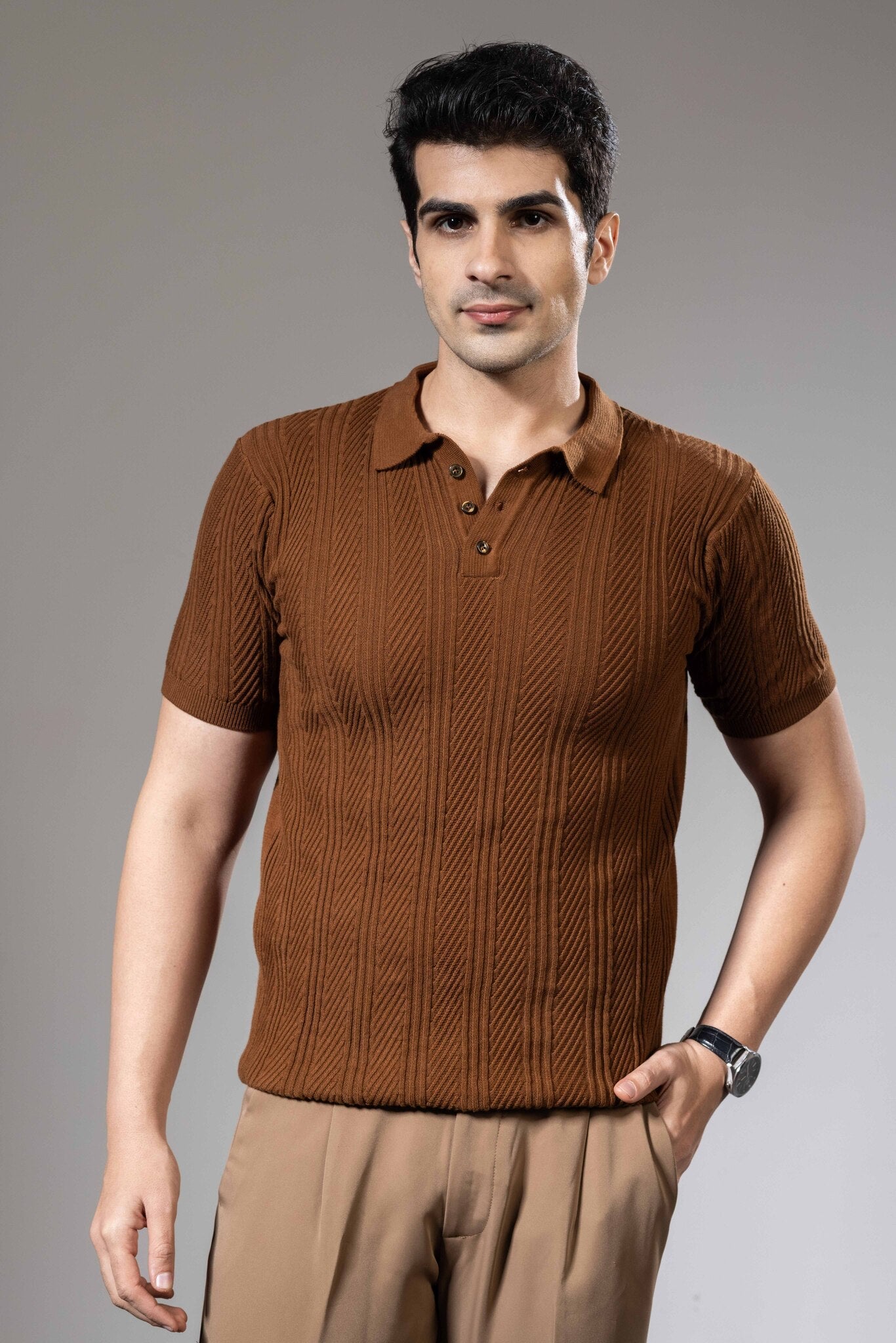 Embedded Textured Brown Premium Flat Knit Polo T-Shirt