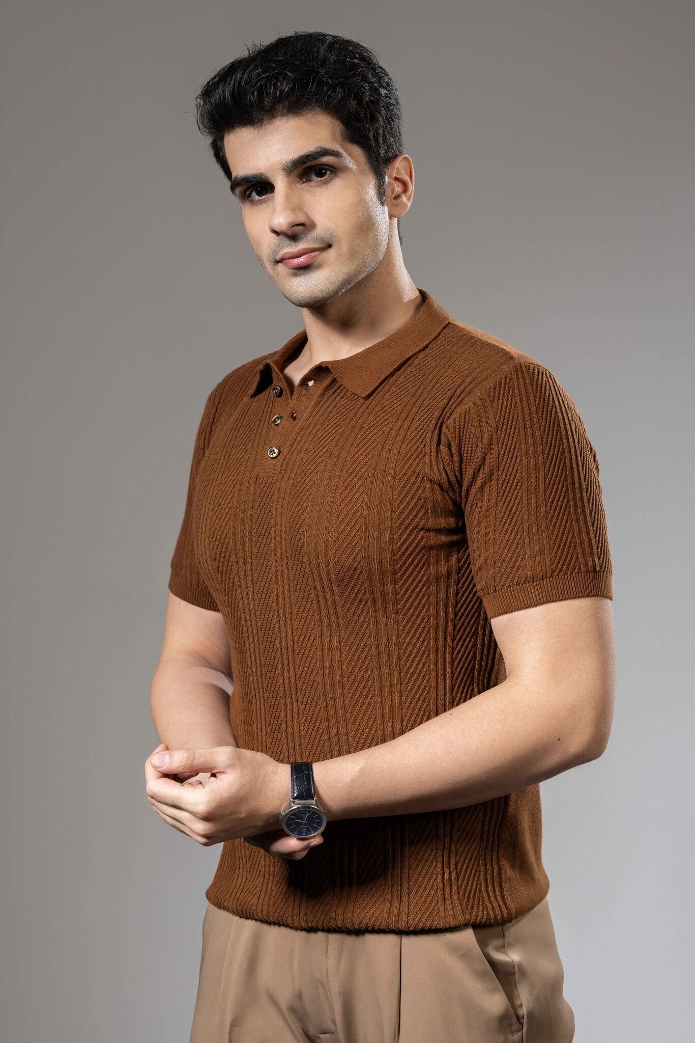 Embedded Textured Brown Premium Flat Knit Polo T-Shirt