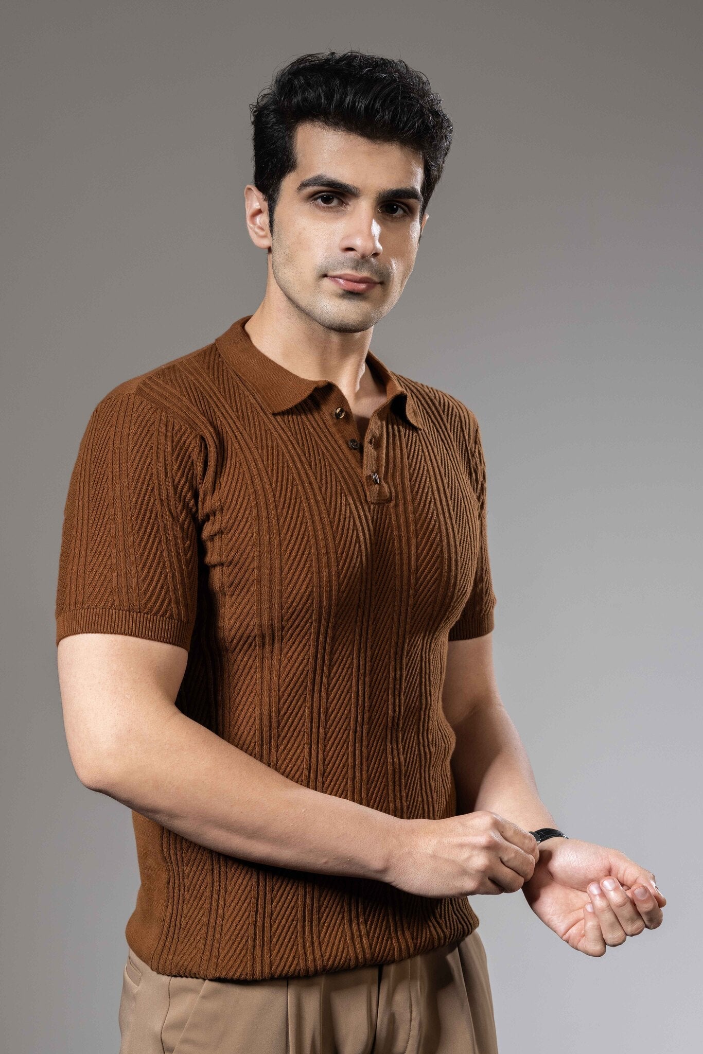Embedded Textured Brown Premium Flat Knit Polo T-Shirt