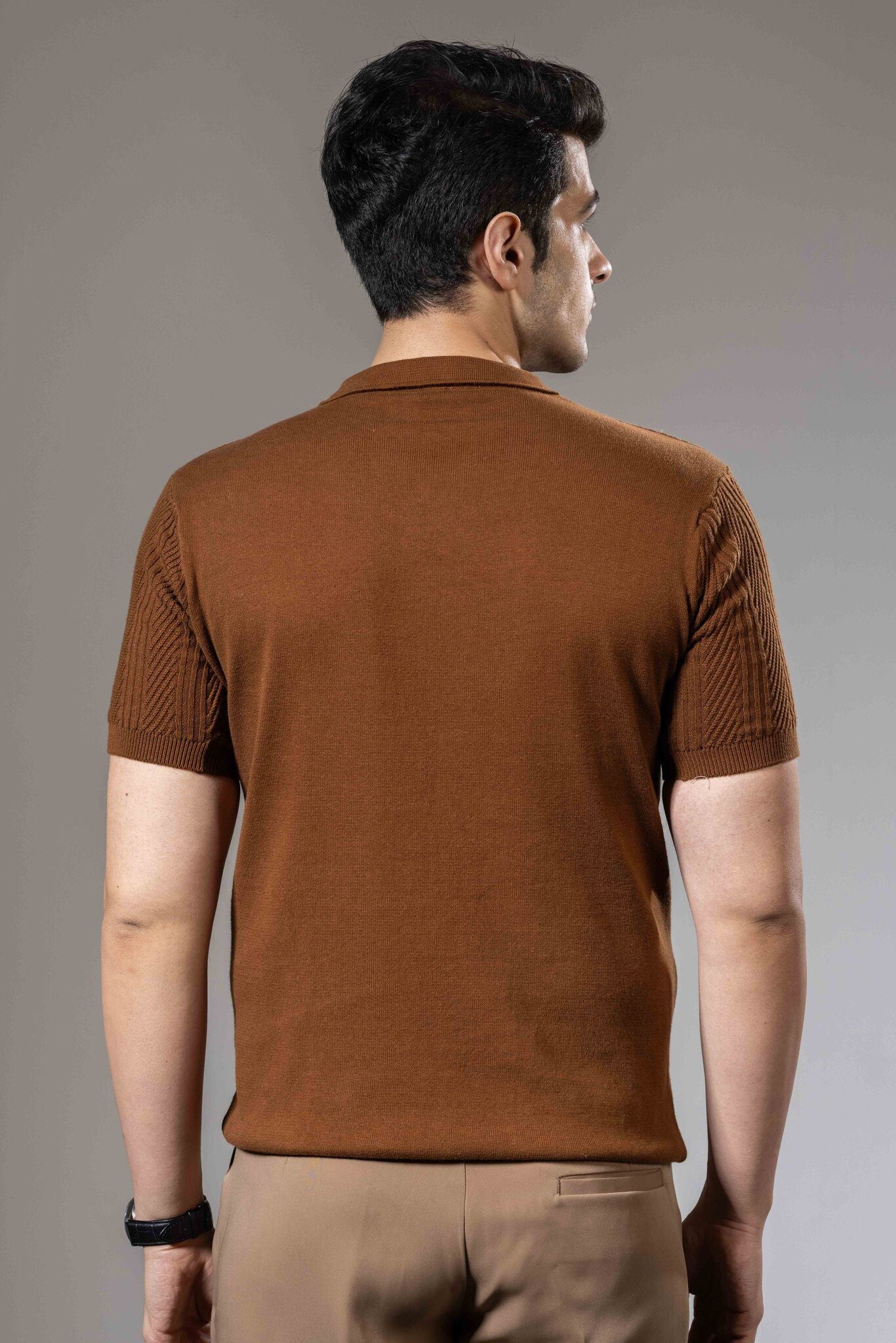 Embedded Textured Brown Premium Flat Knit Polo T-Shirt