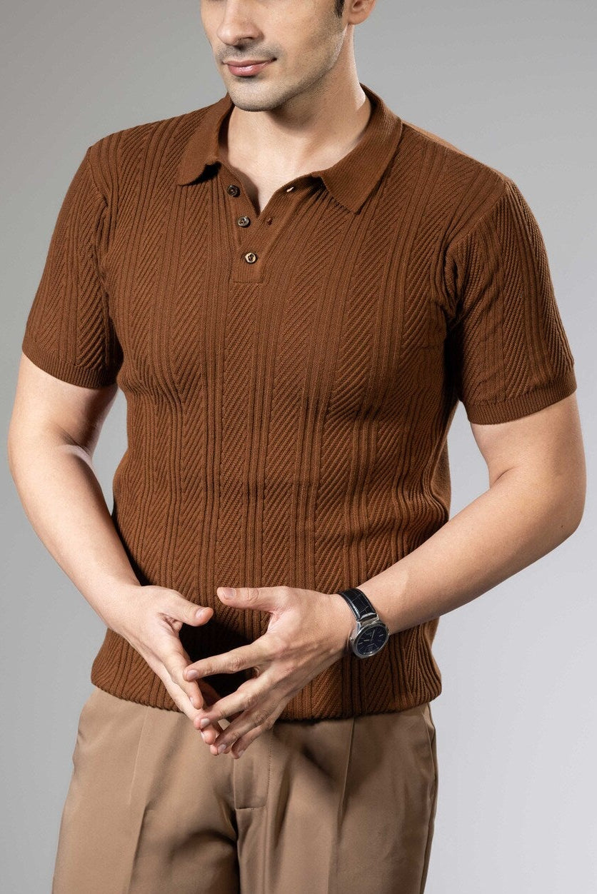 Embedded Textured Brown Premium Flat Knit Polo T-Shirt