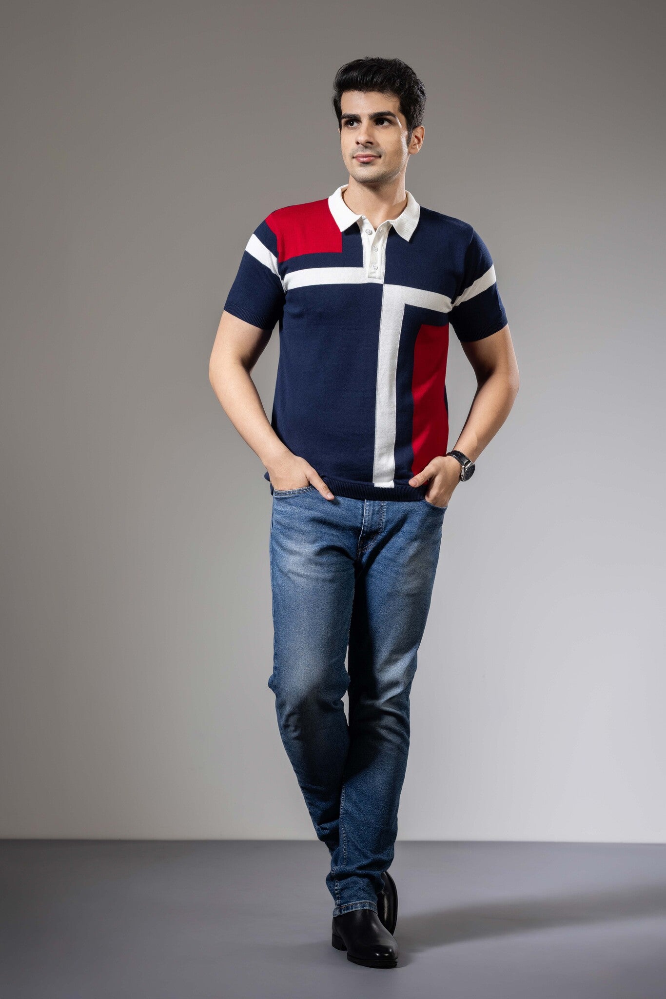 Red White Color Blocked Premium Flat Knit Polo T-Shirt