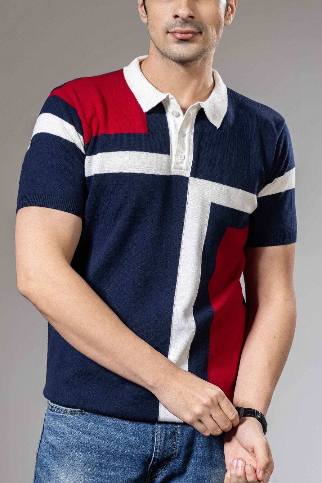 Red White Color Blocked Premium Flat Knit Polo T-Shirt