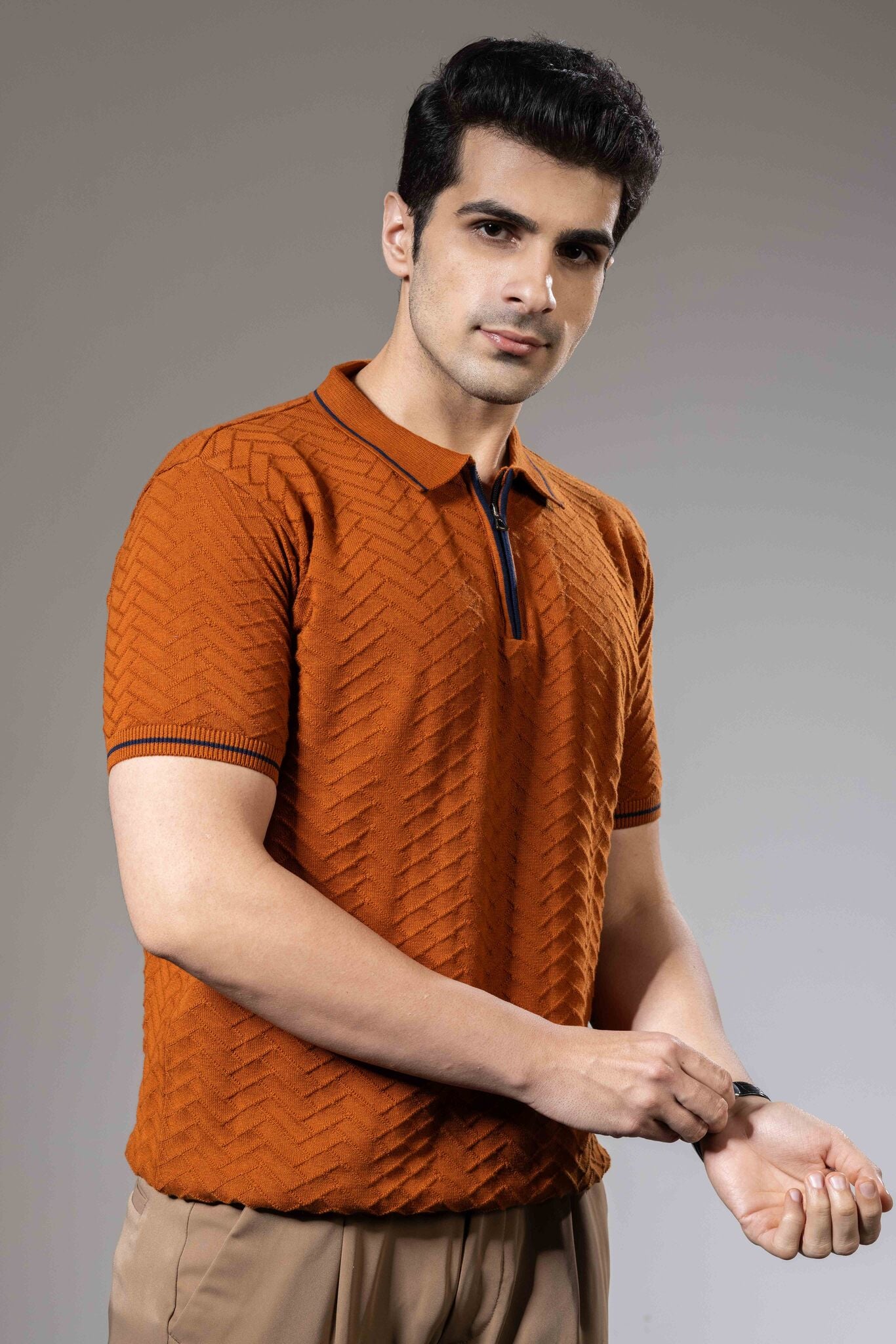 Textured Premium Flat Knit Polo T-Shirt