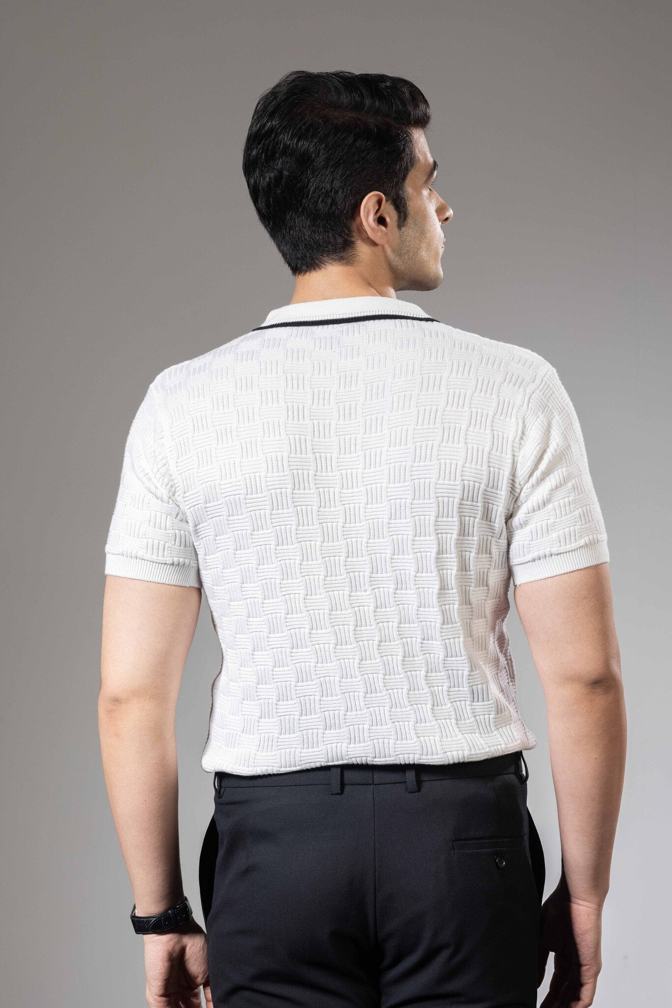 White Self Design Premium Flat Knit Polo T-Shirt