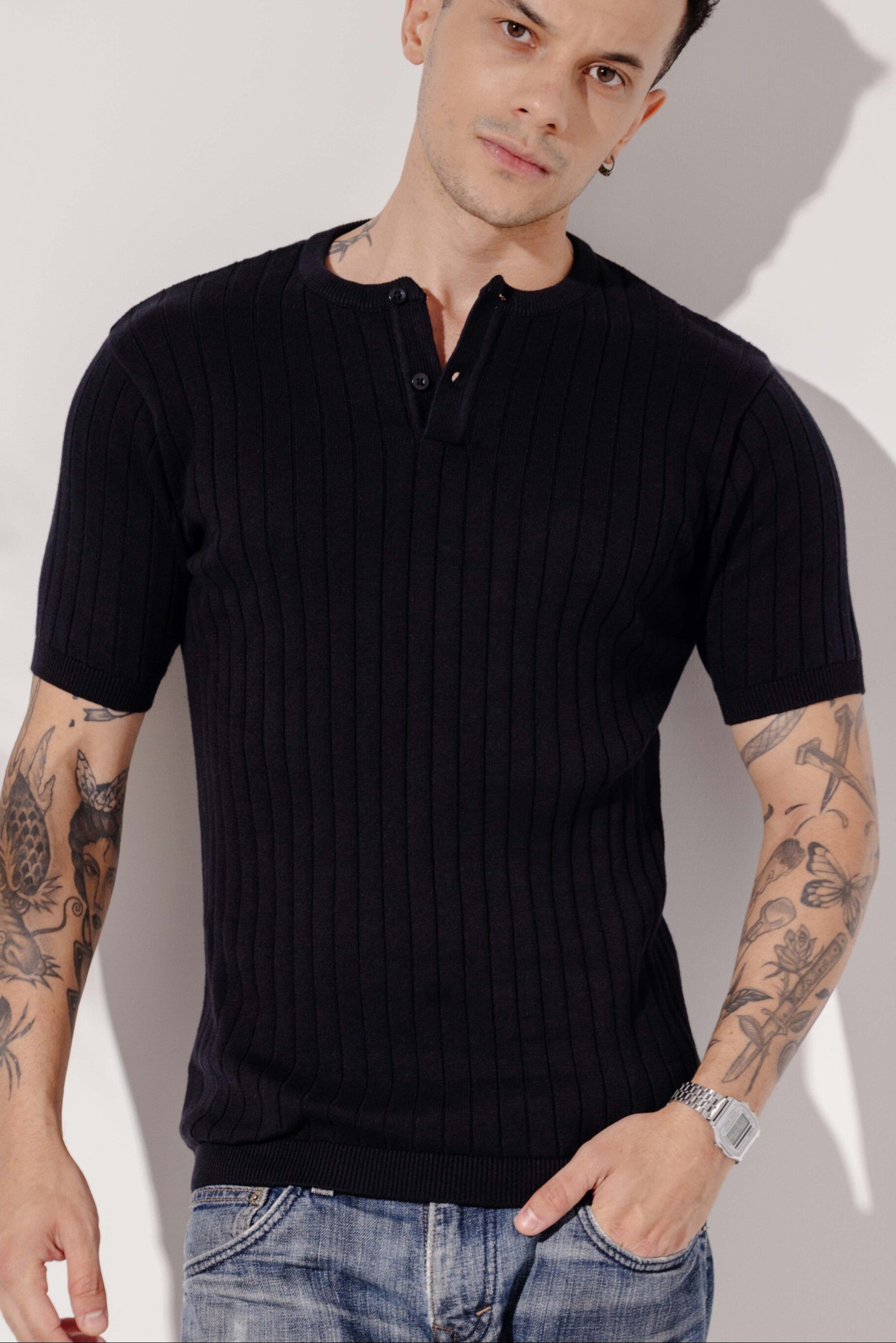 Black Premium Flat Knit Polo T-Shirt