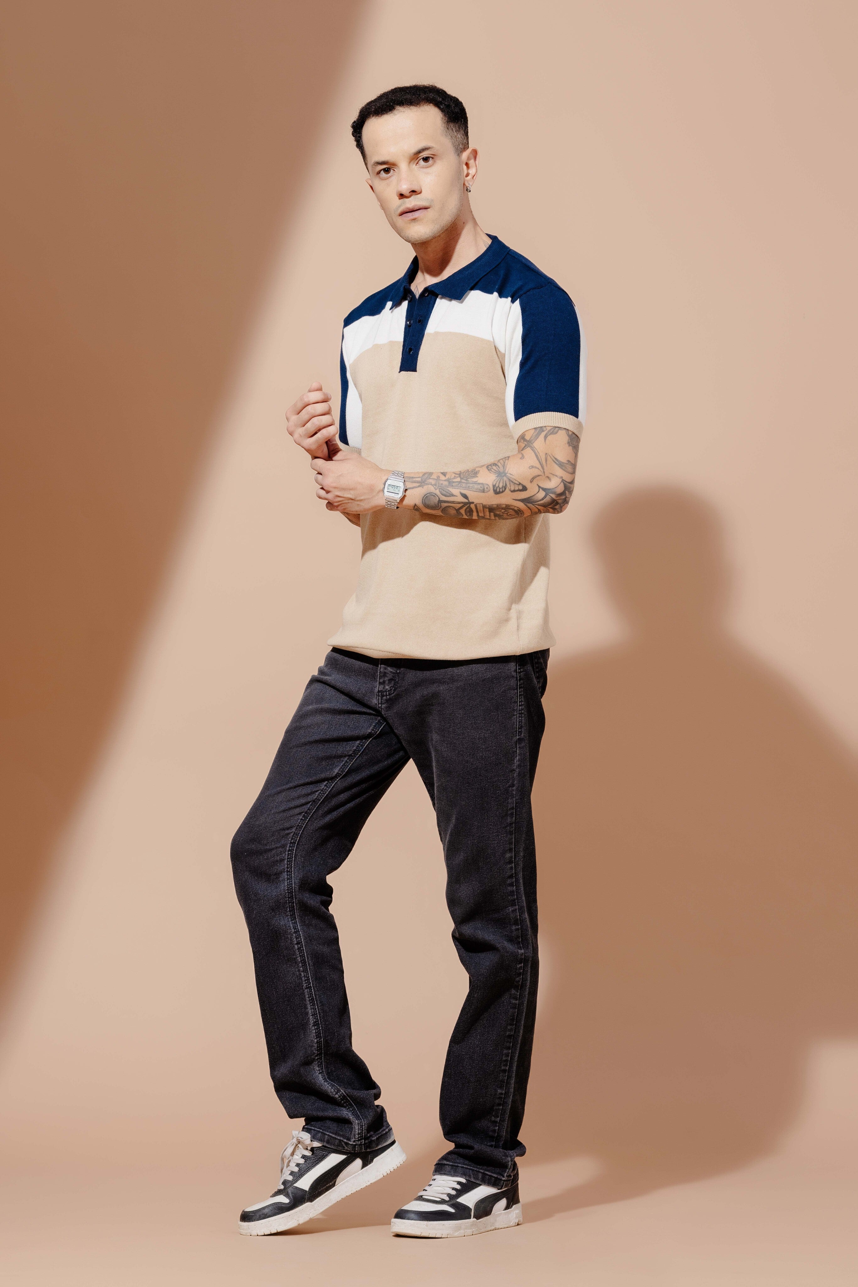 Navy Cream Premium Flat Knit Polo T-Shirt