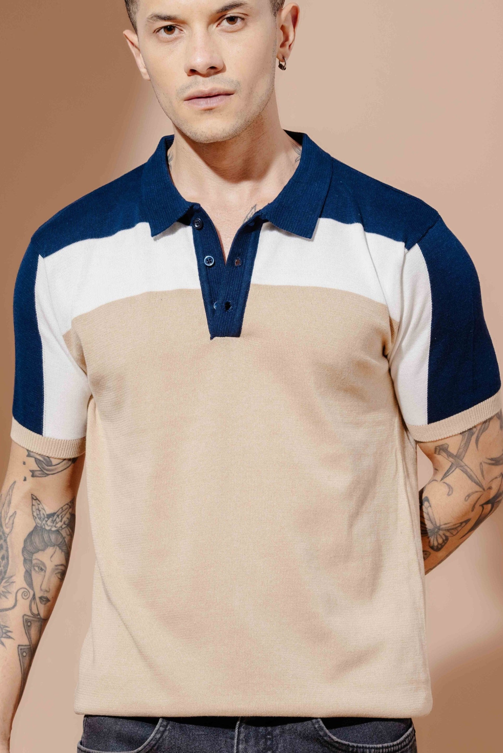 Navy Cream Premium Flat Knit Polo T-Shirt