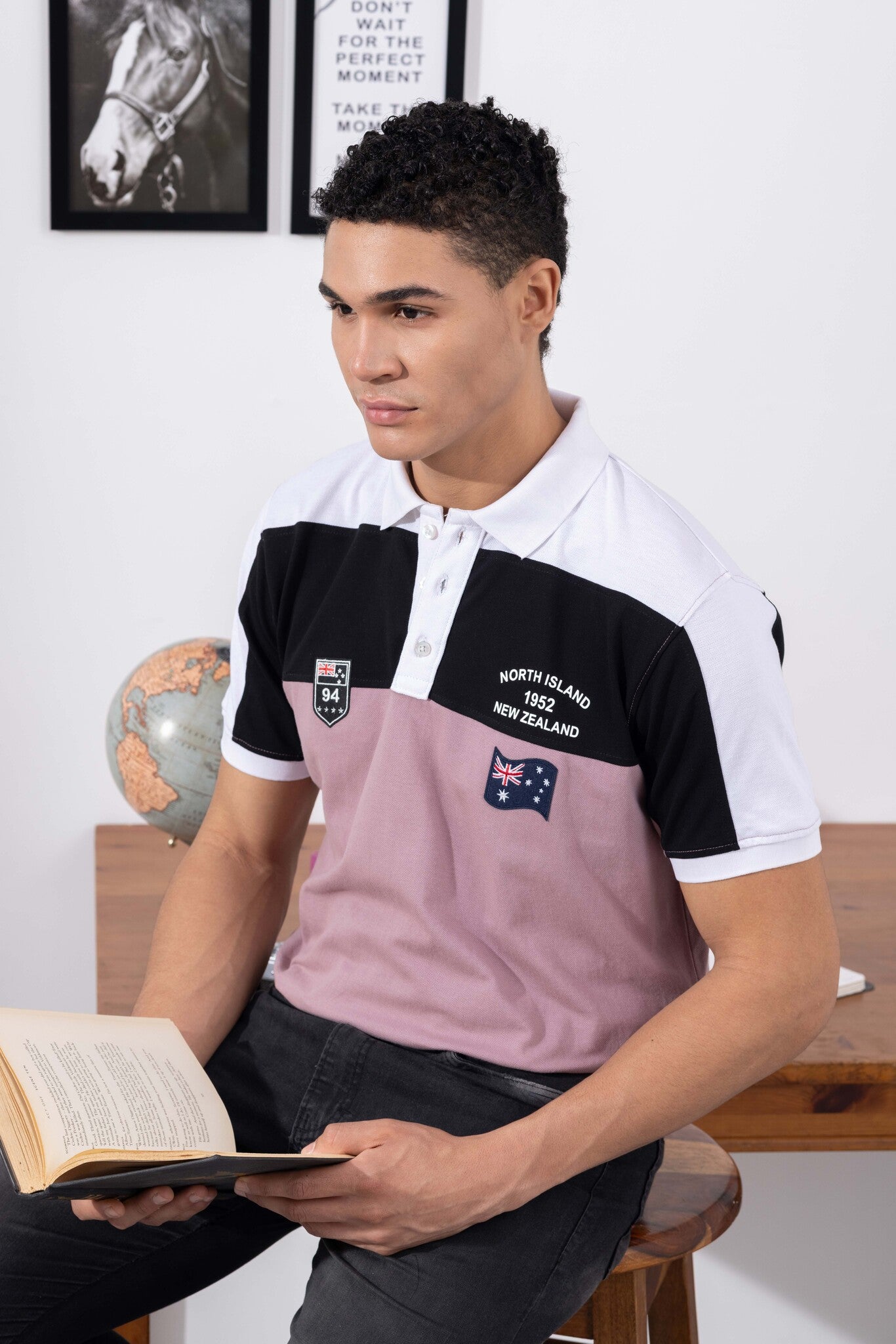 White Purple Cotton Half Sleeve Printed Polo T-Shirt with Collar