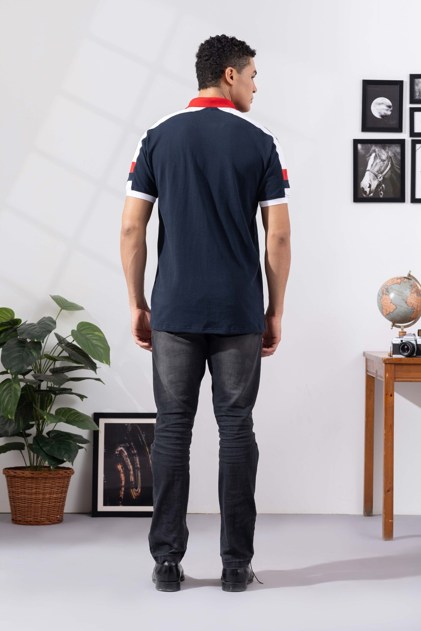 Navy Blue Cotton Half Sleeve Printed Polo T-Shirt with Collar