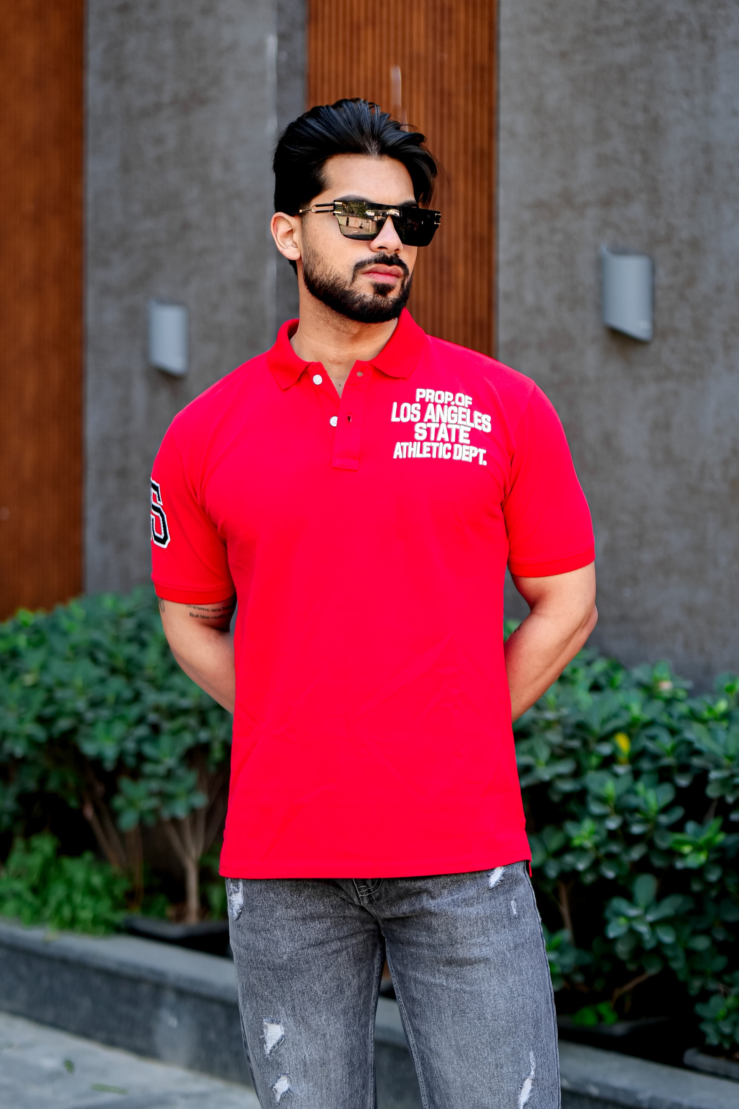Red Self Design Polo T-Shirt
