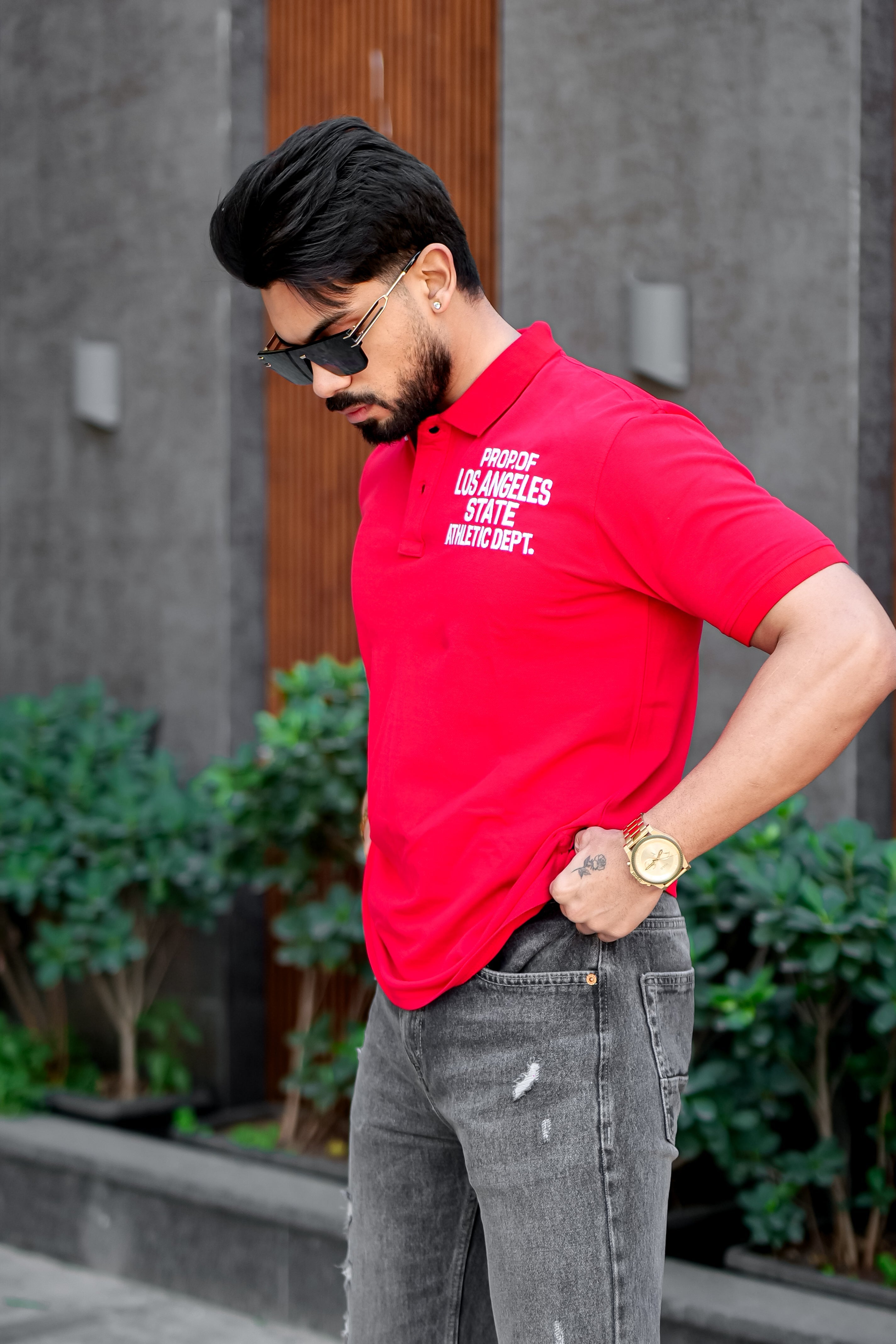 Red Self Design Polo T-Shirt