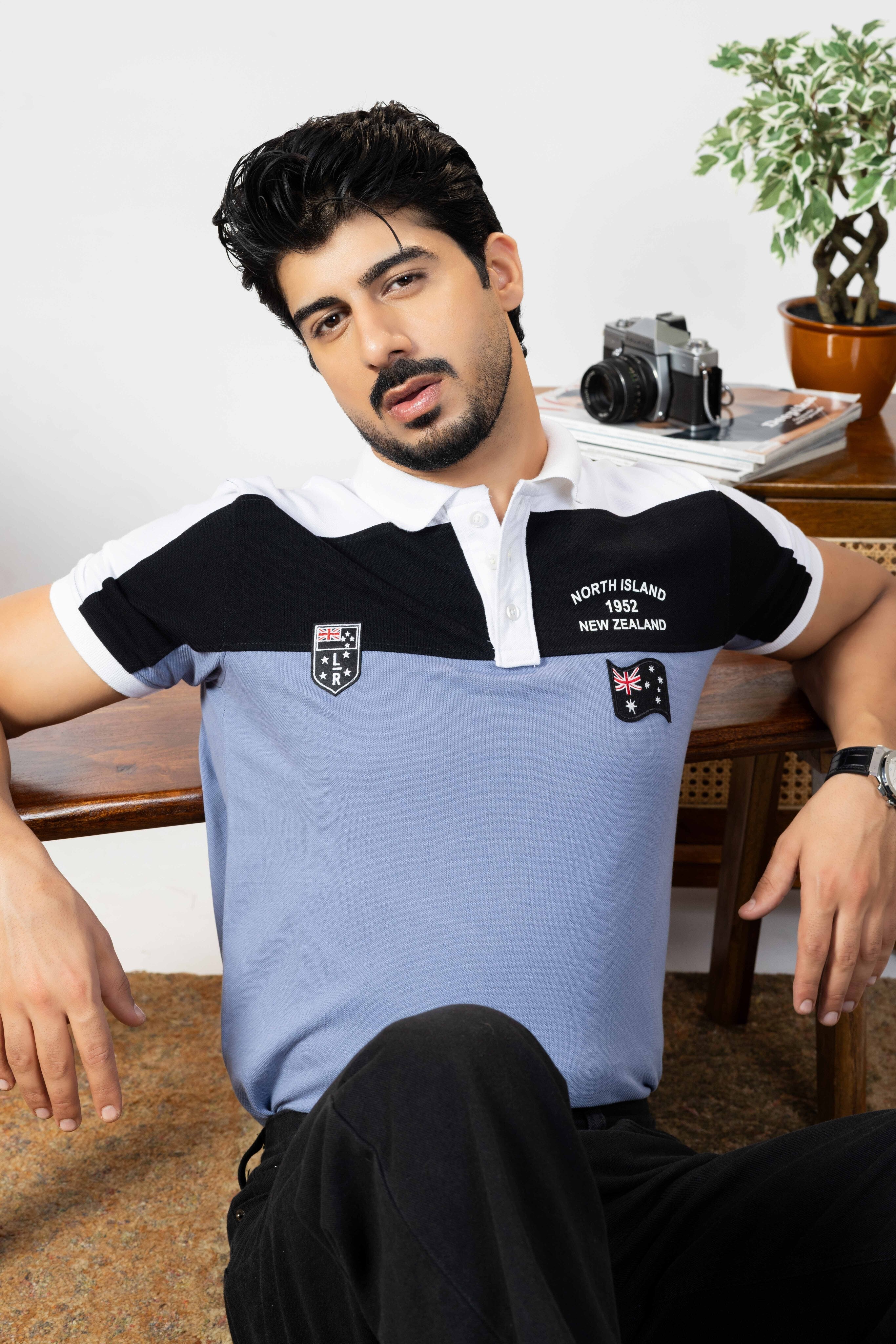 Blue Cotton Half Sleeve Printed Polo T-Shirt with Collar