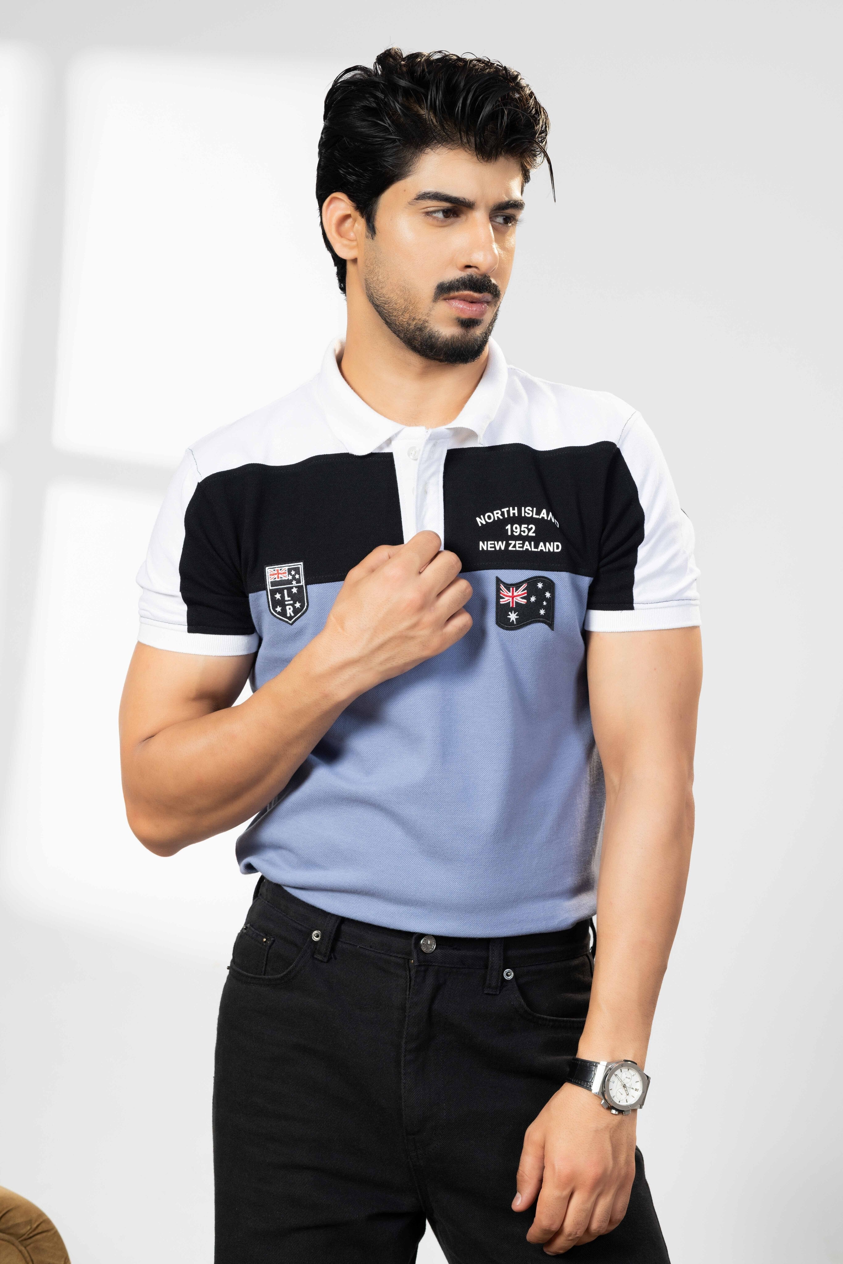Blue Cotton Half Sleeve Printed Polo T-Shirt with Collar
