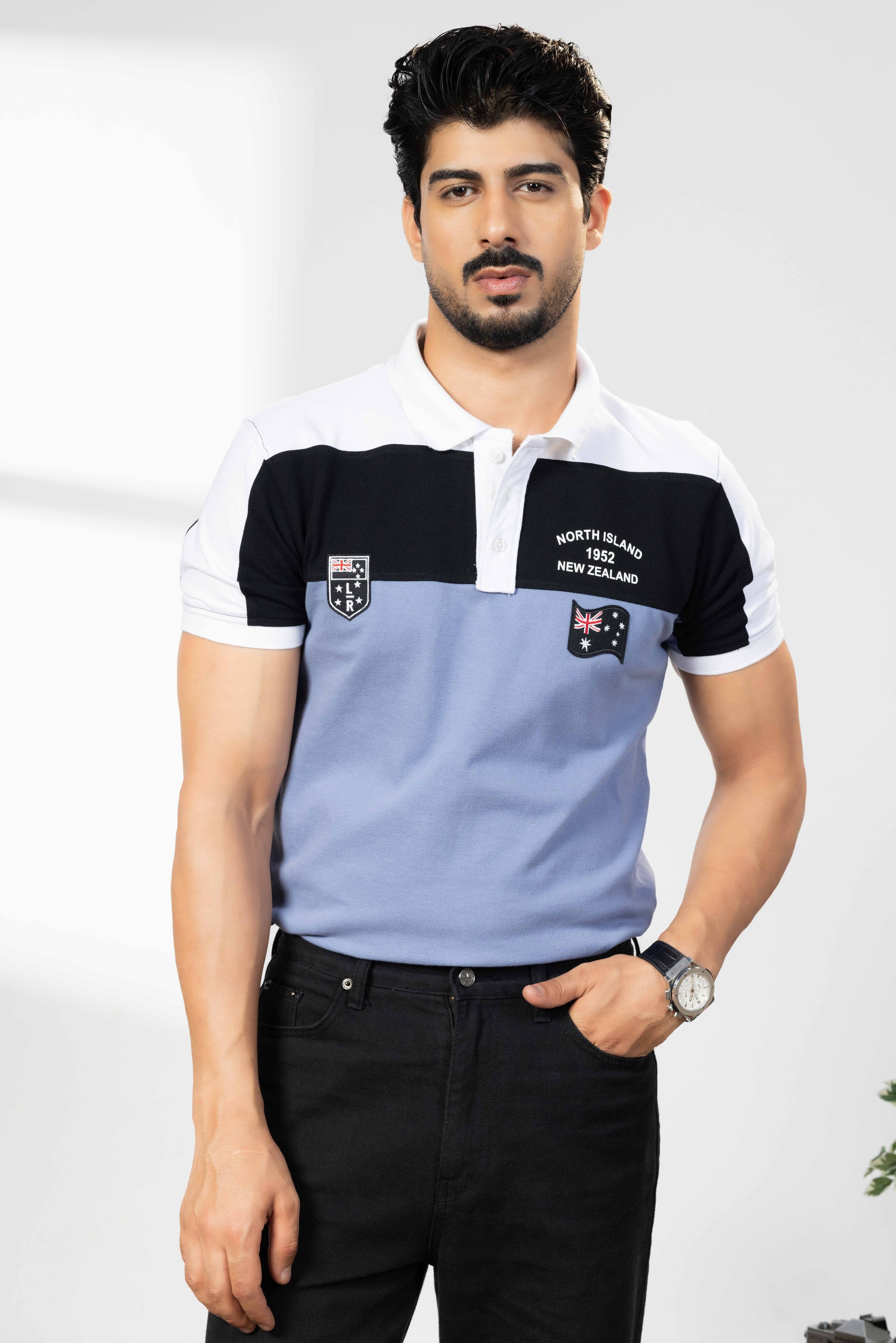 Blue Cotton Half Sleeve Printed Polo T-Shirt with Collar