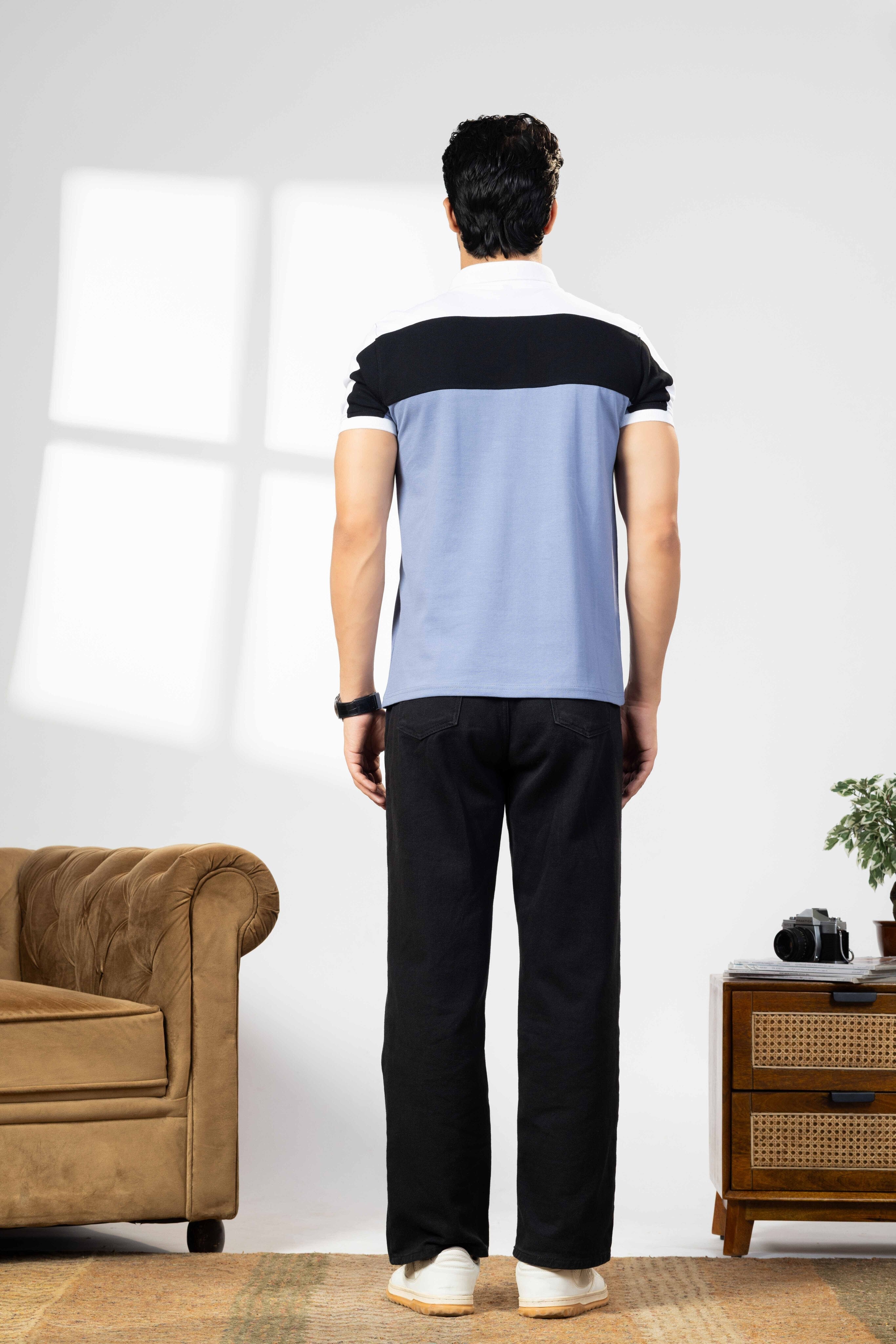 Blue Cotton Half Sleeve Printed Polo T-Shirt with Collar