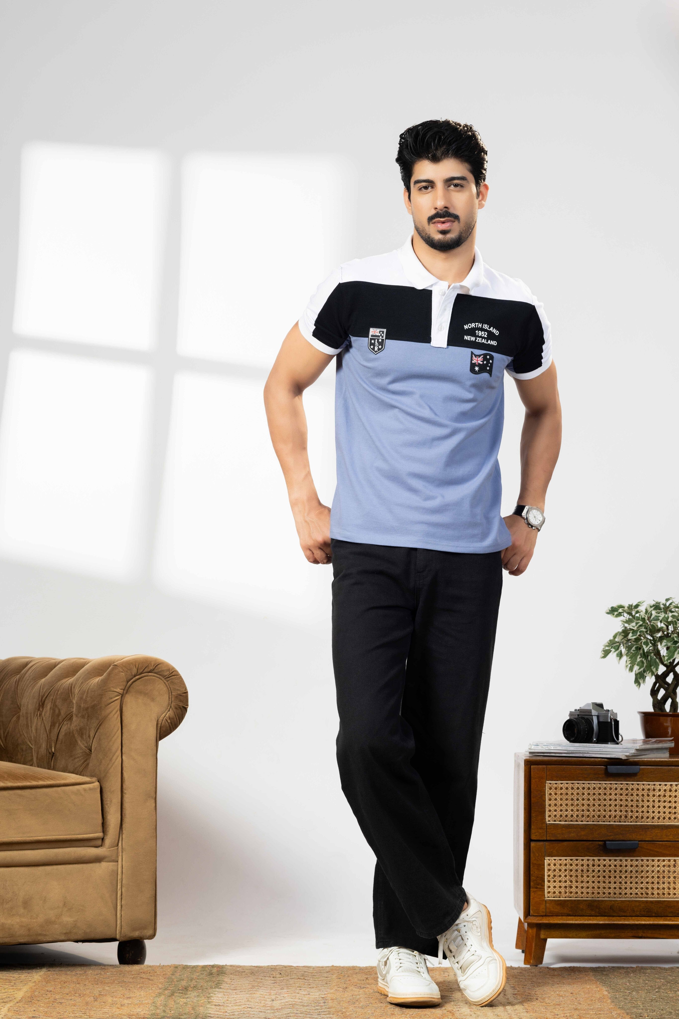 Blue Cotton Half Sleeve Printed Polo T-Shirt with Collar