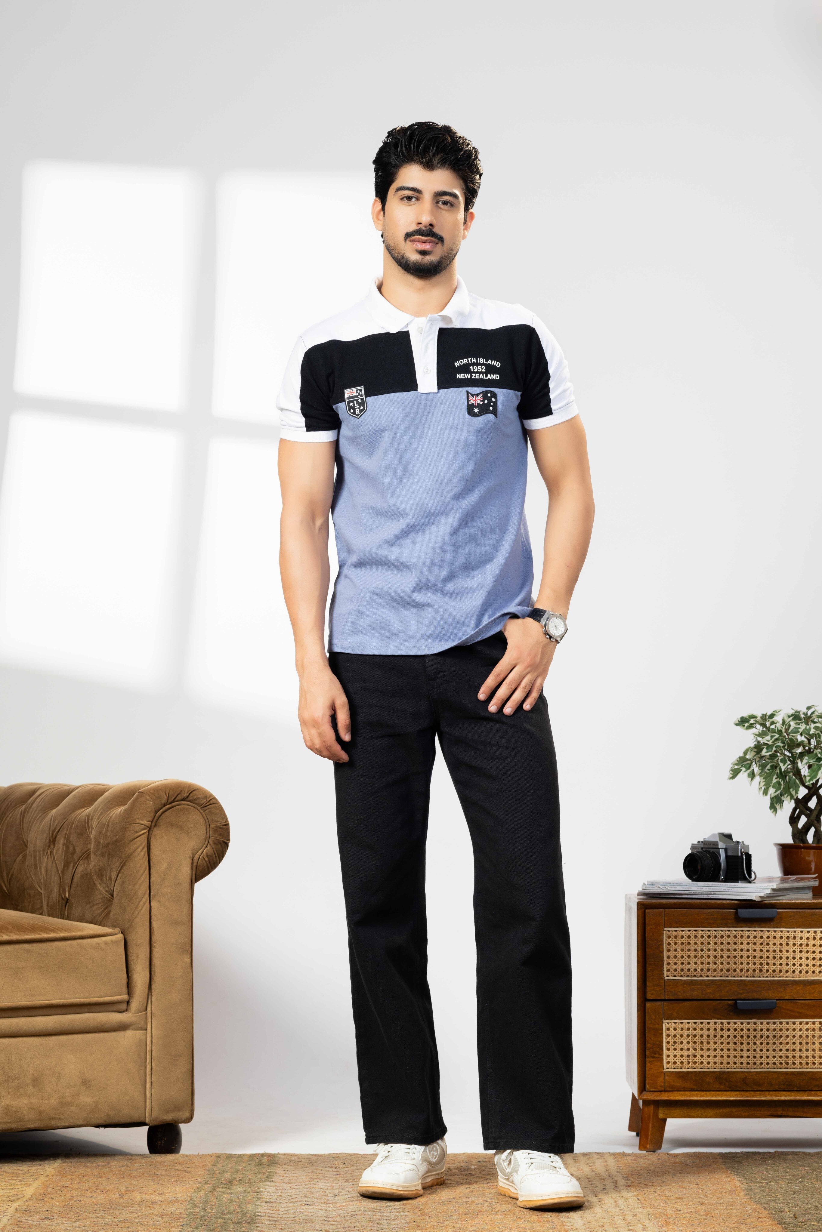 Blue Cotton Half Sleeve Printed Polo T-Shirt with Collar