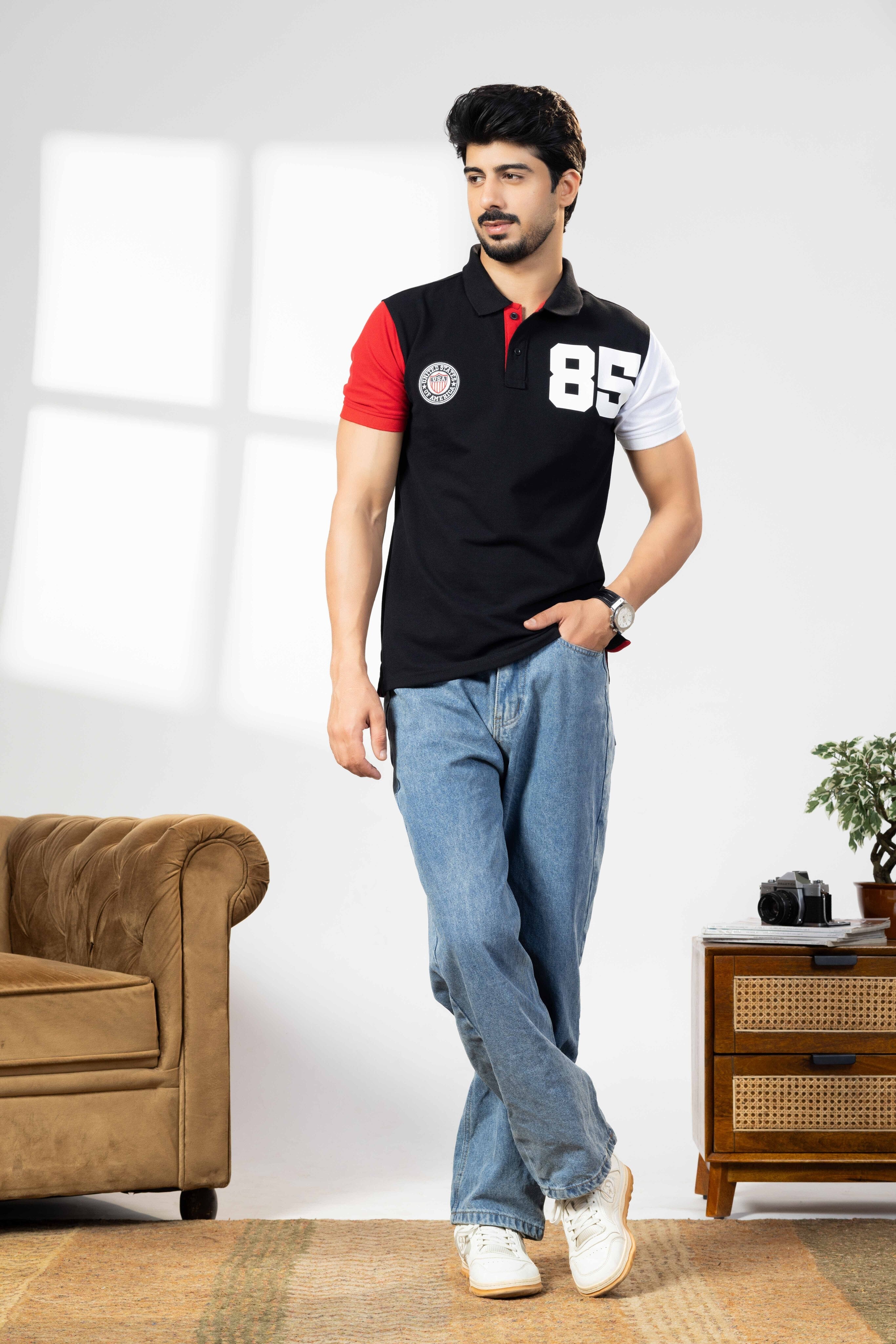 Black Cotton Half Sleeve Printed Polo T-Shirt with Collar