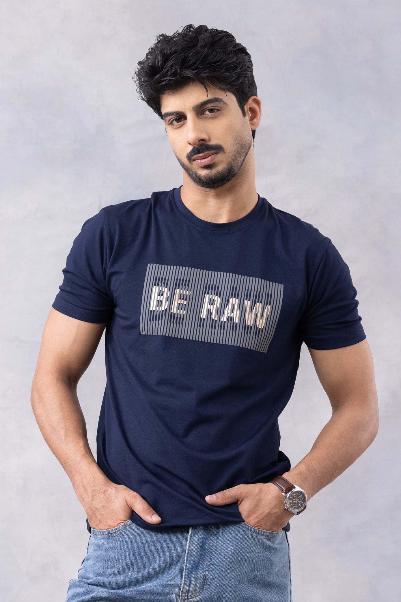 Navy Blue "Be Raw" Half Sleeve Round Neck T-Shirt