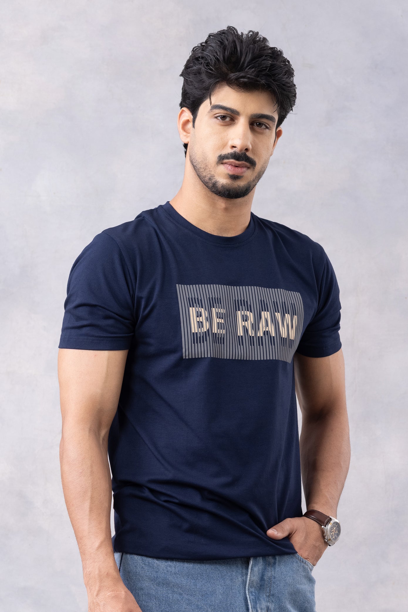Navy Blue "Be Raw" Half Sleeve Round Neck T-Shirt