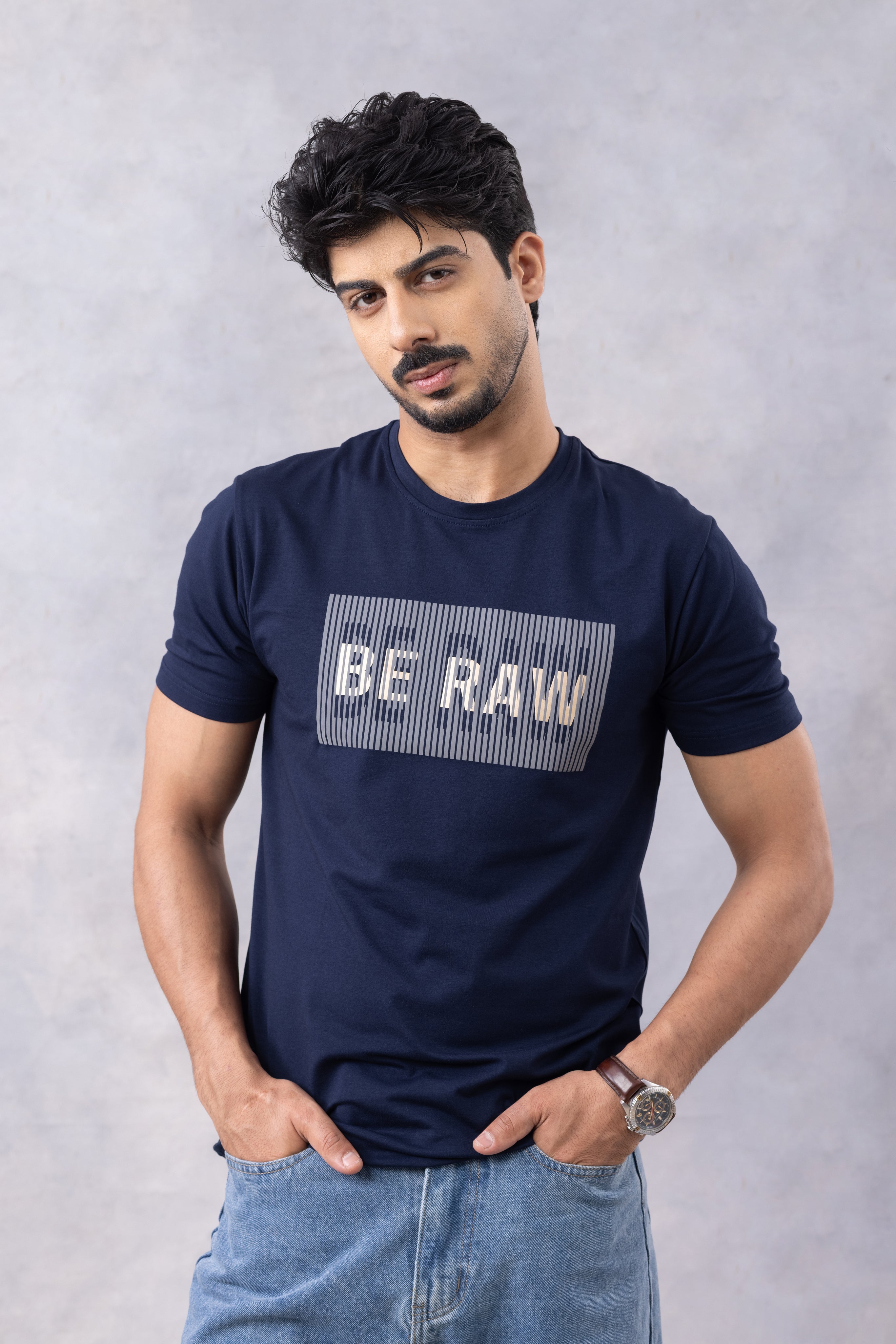 Navy Blue "Be Raw" Half Sleeve Round Neck T-Shirt