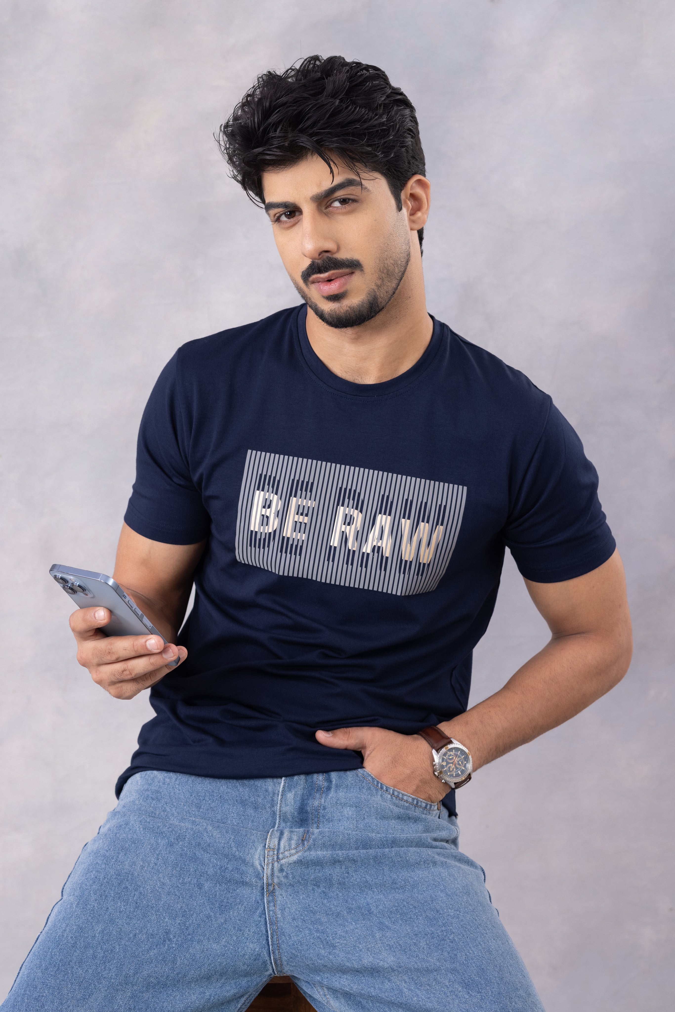 Navy Blue "Be Raw" Half Sleeve Round Neck T-Shirt
