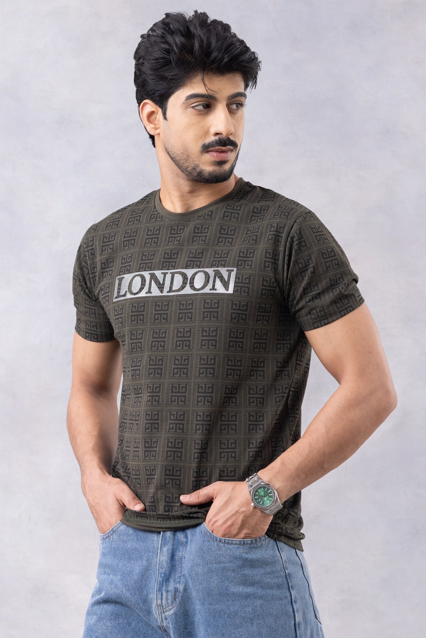 Green "London" Half Sleeve Round Neck T-Shirt