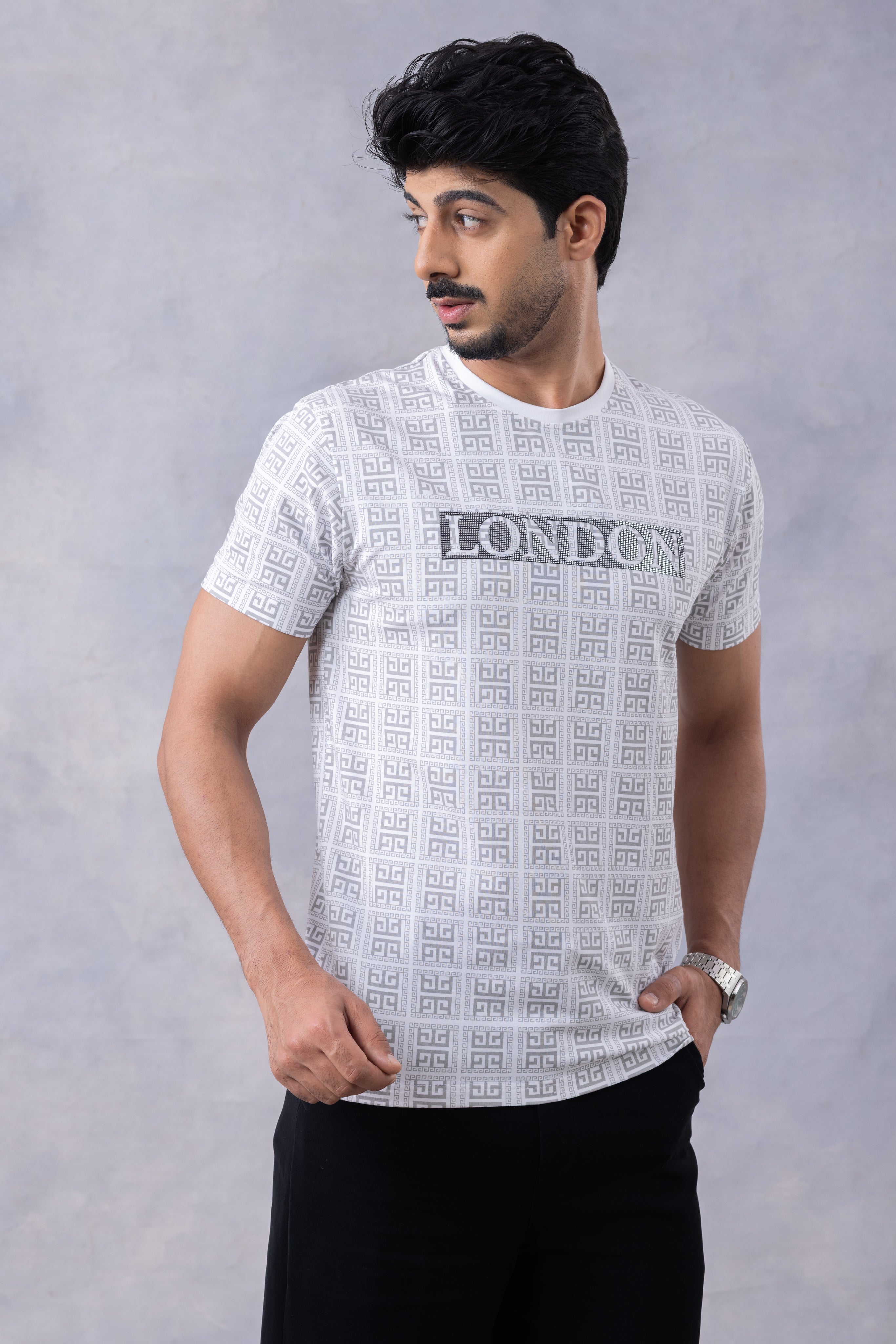 White Embossed Printed Half Sleeve Round Neck T-Shirt