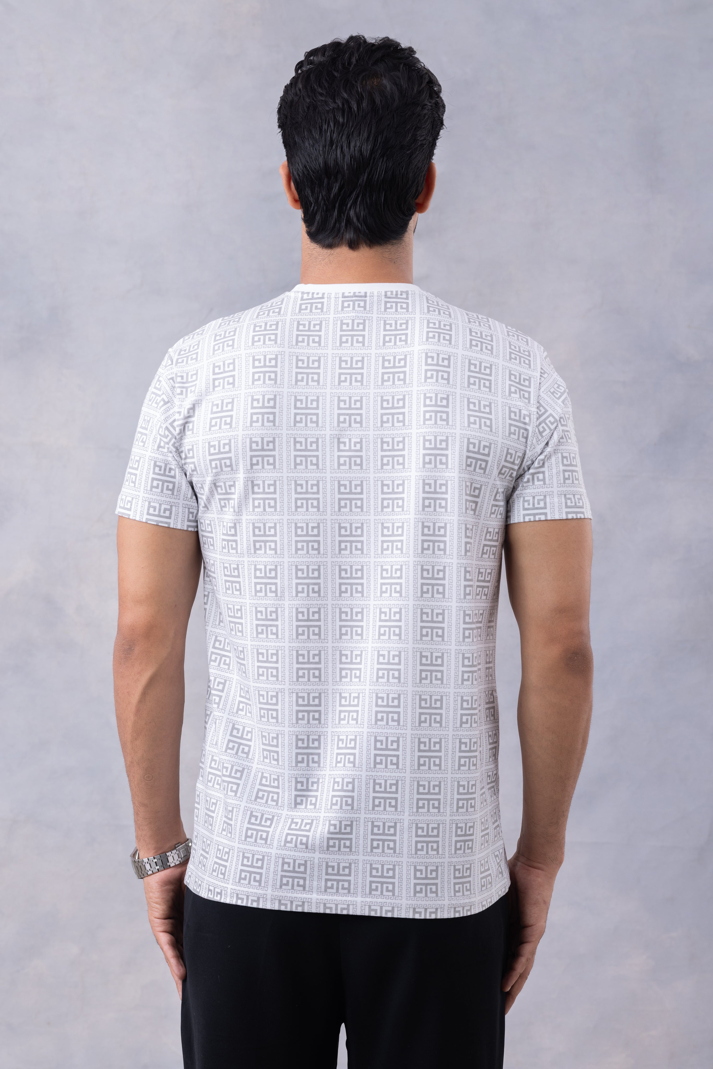 White Embossed Printed Half Sleeve Round Neck T-Shirt