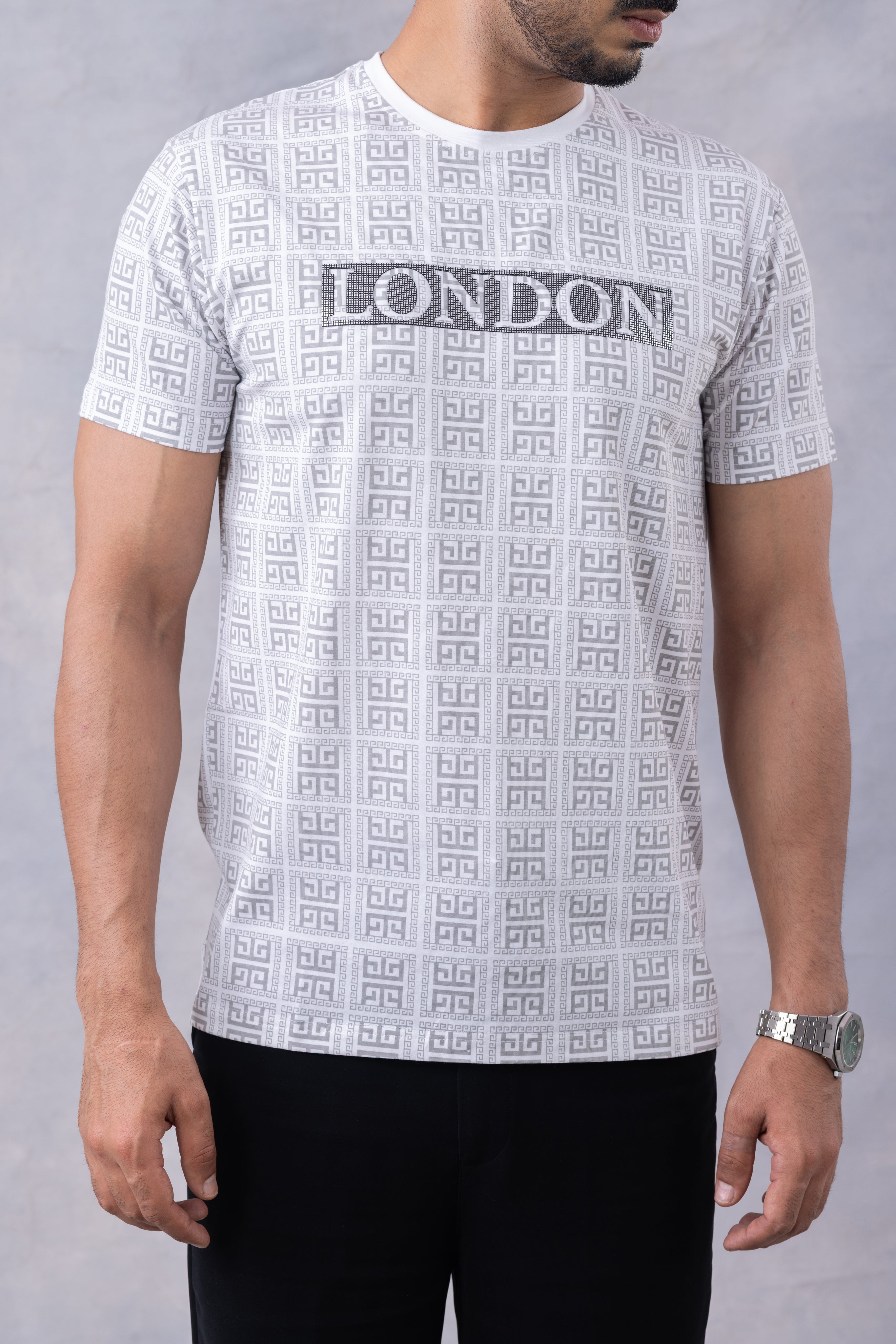 White Embossed Printed Half Sleeve Round Neck T-Shirt