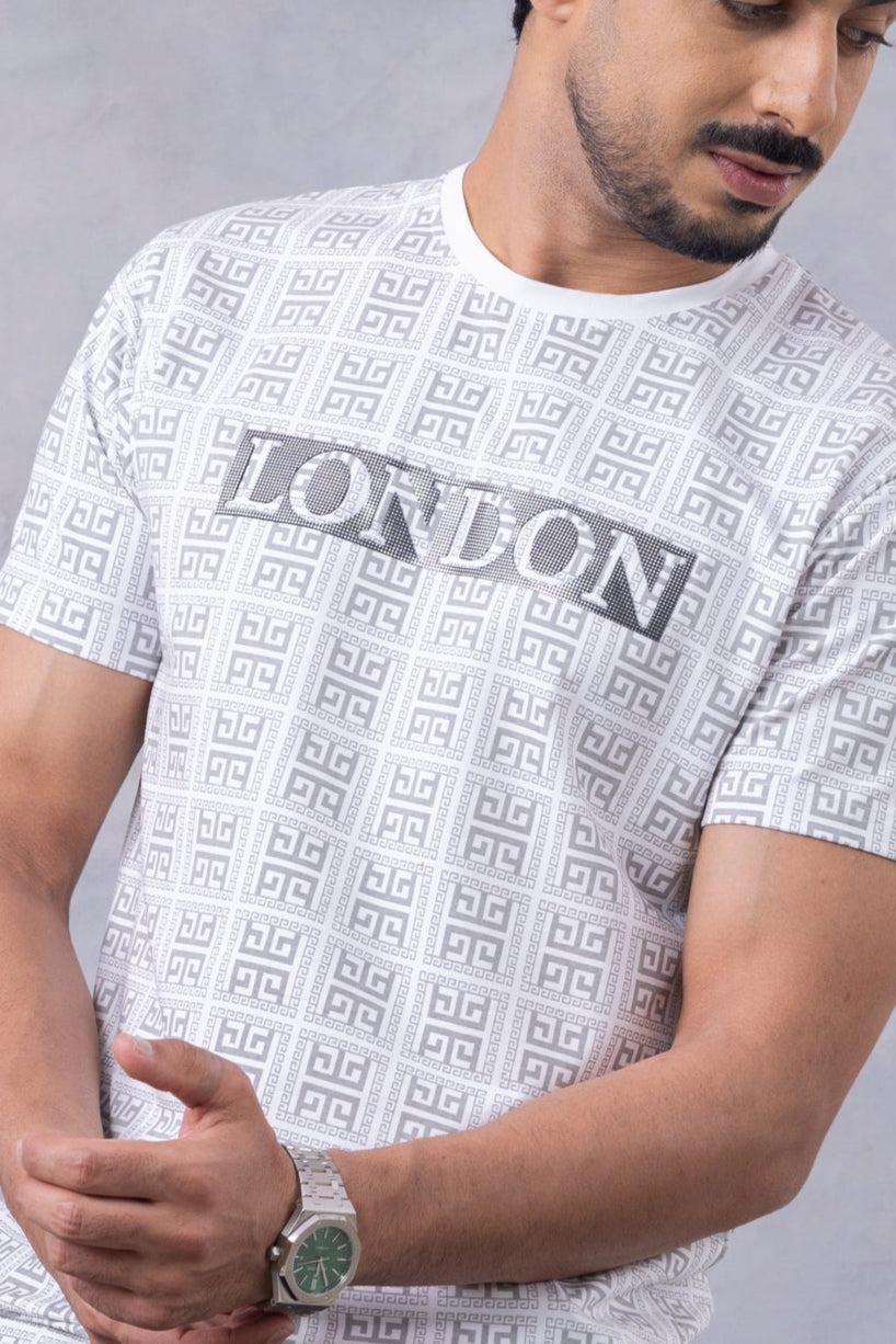 White Embossed Printed Half Sleeve Round Neck T-Shirt