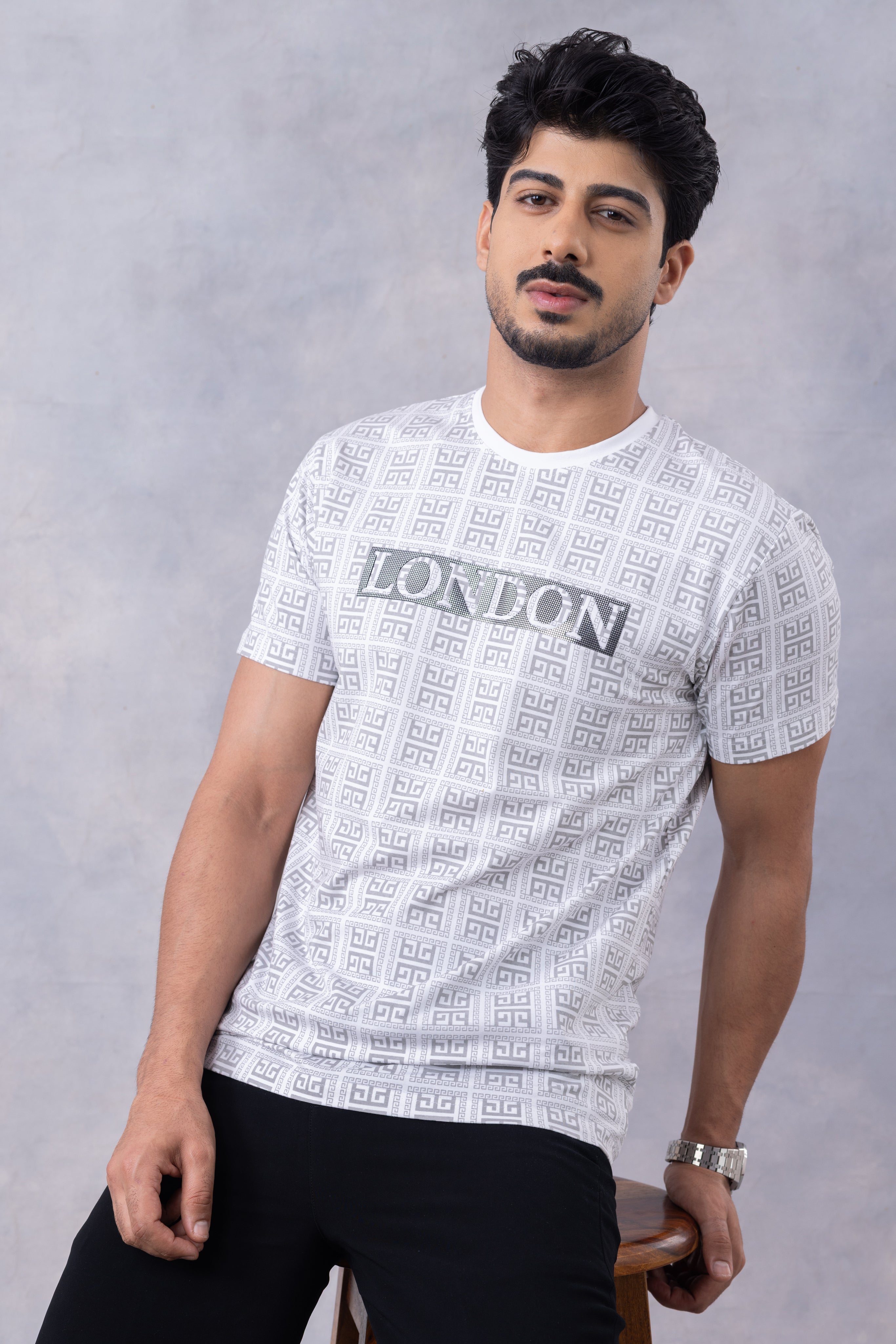 White Embossed Printed Half Sleeve Round Neck T-Shirt