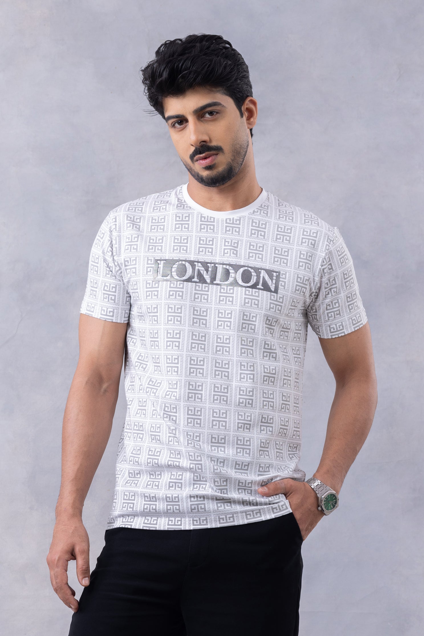 White Embossed Printed Half Sleeve Round Neck T-Shirt