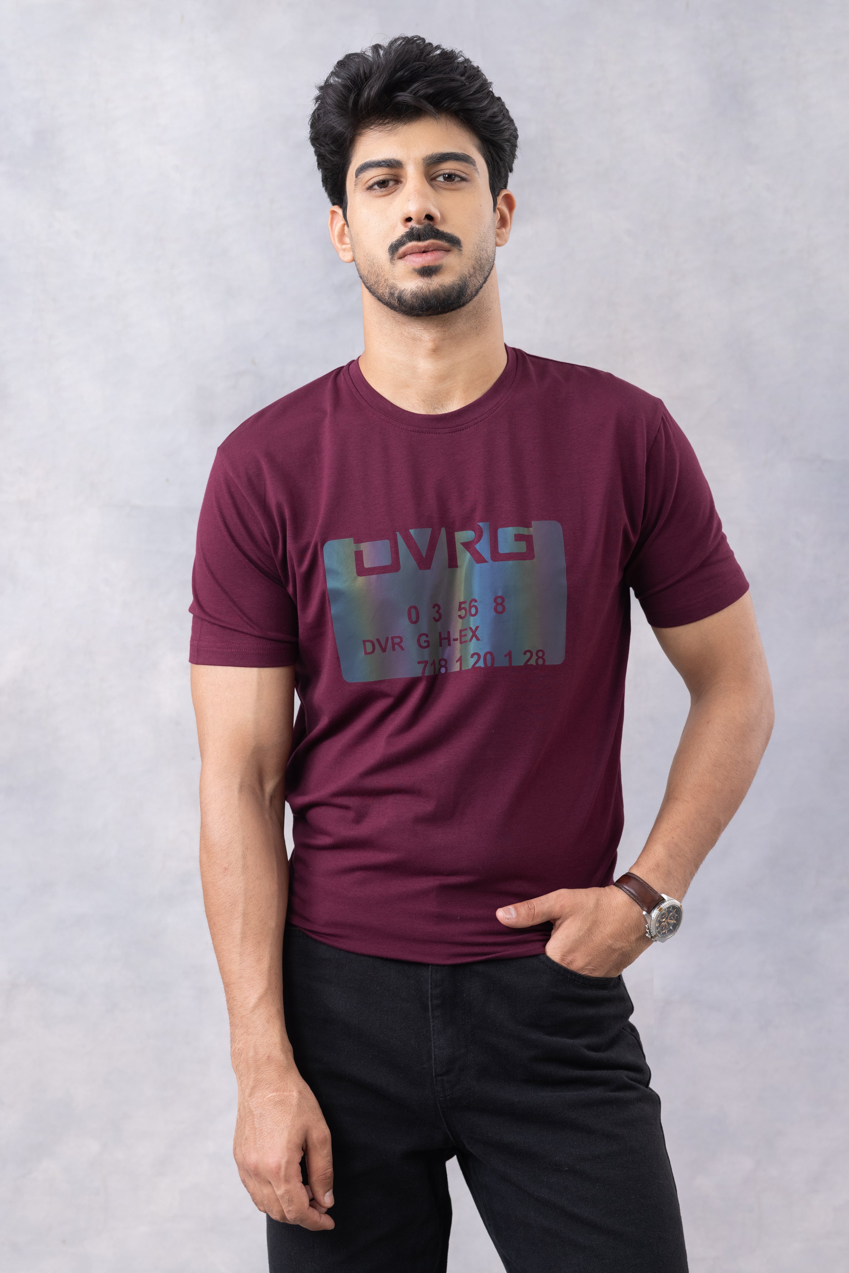 Wine "Typographic" Half Sleeve Round Neck T-Shirt