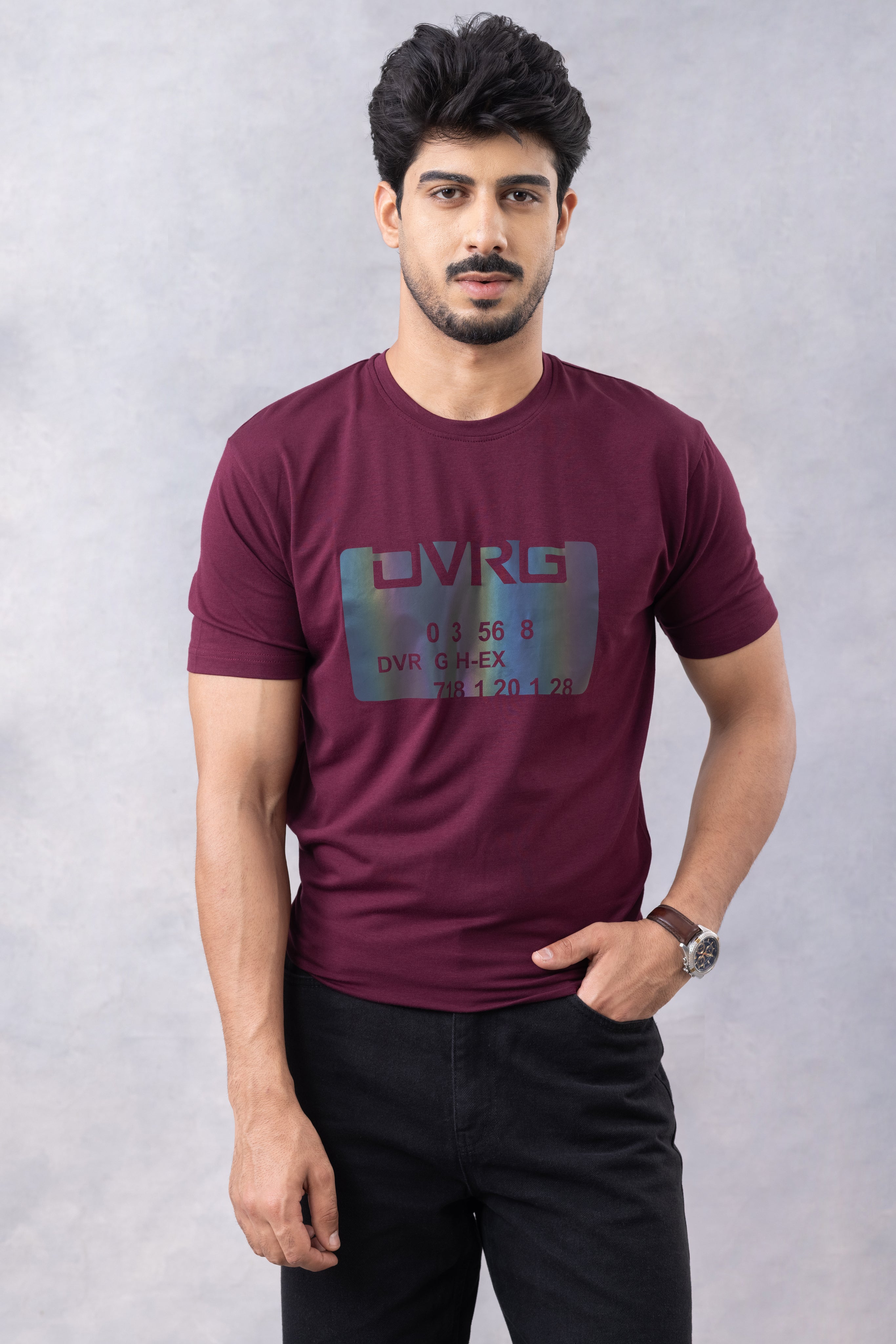Wine "Typographic" Half Sleeve Round Neck T-Shirt