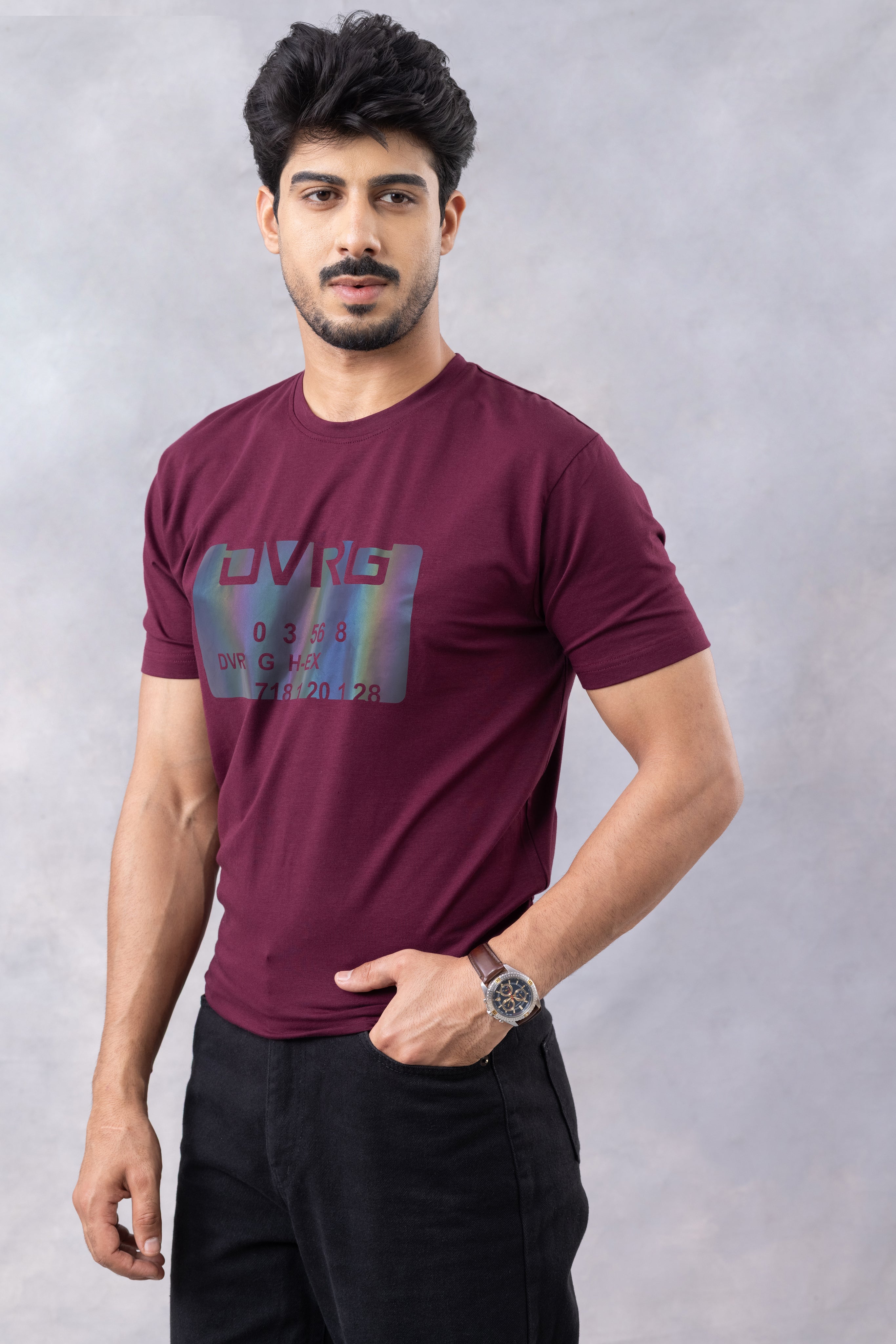 Wine "Typographic" Half Sleeve Round Neck T-Shirt