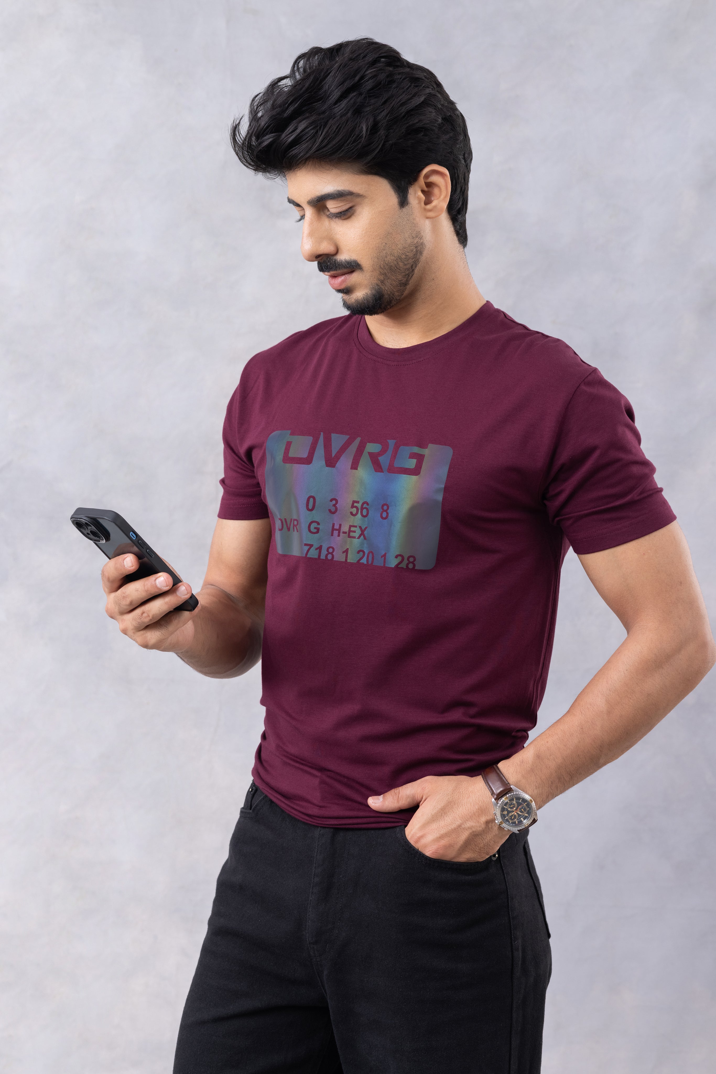 Wine "Typographic" Half Sleeve Round Neck T-Shirt