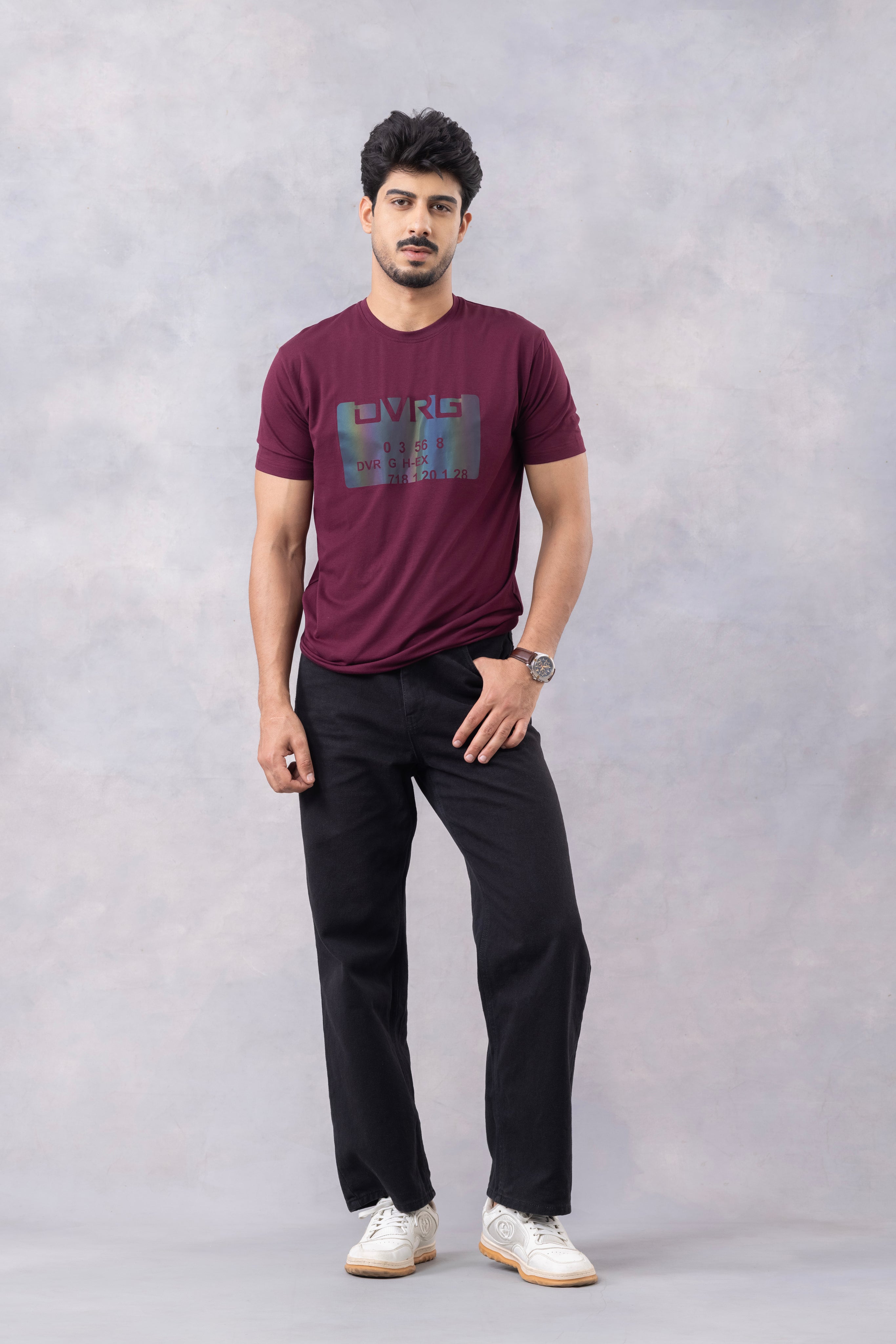 Wine "Typographic" Half Sleeve Round Neck T-Shirt
